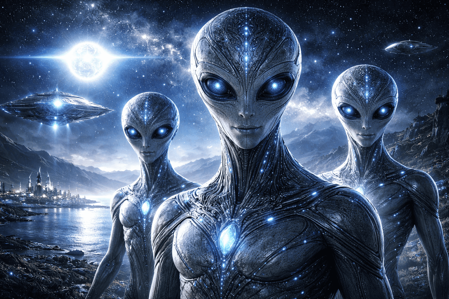 Drei große, schlanke Außerirdische mit großen blauen Augen und leuchtenden Markierungen stehen an einem See unter einem Sternenhimmel, Raumschiffe vom Sirius im Hintergrund, ein heller Mond, ferne Berge und die Lichter der Stadt vervollständigen die jenseitige Szene. | ancient-aliens-fakten.de
