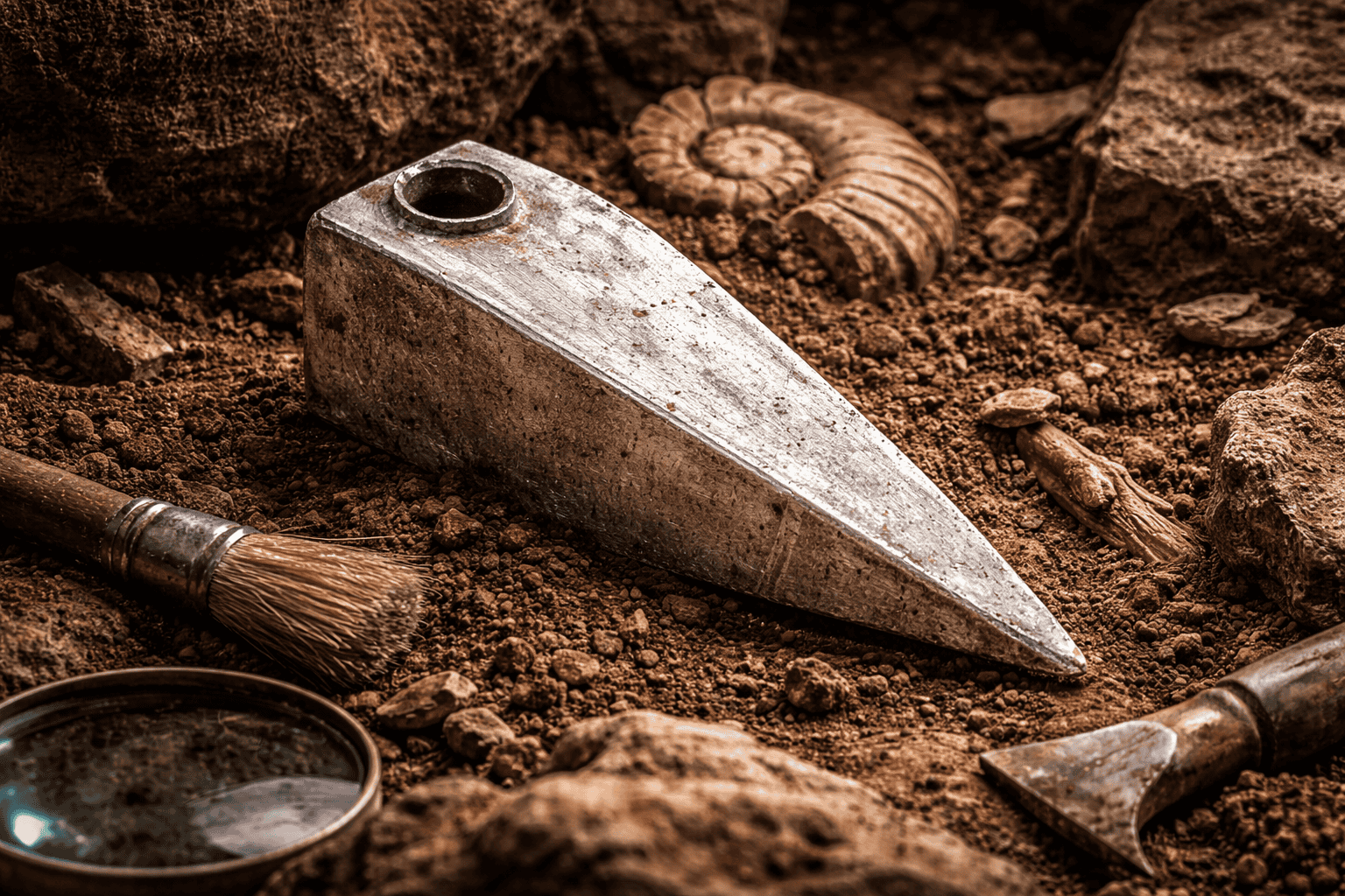 Aluminiumkeil von Aiud : Ein metallischer, keilförmiger Aluminiumkeil liegt in der Erde zwischen Steinen, einem Fossil, einer Bürste, einer Lupe und einem Meißel und deutet auf eine archäologische Ausgrabungsstätte in der Nähe von Aiud hin, die sowohl antike als auch ungewöhnliche Artefakte enthält. | ancient-aliens-fakten.de