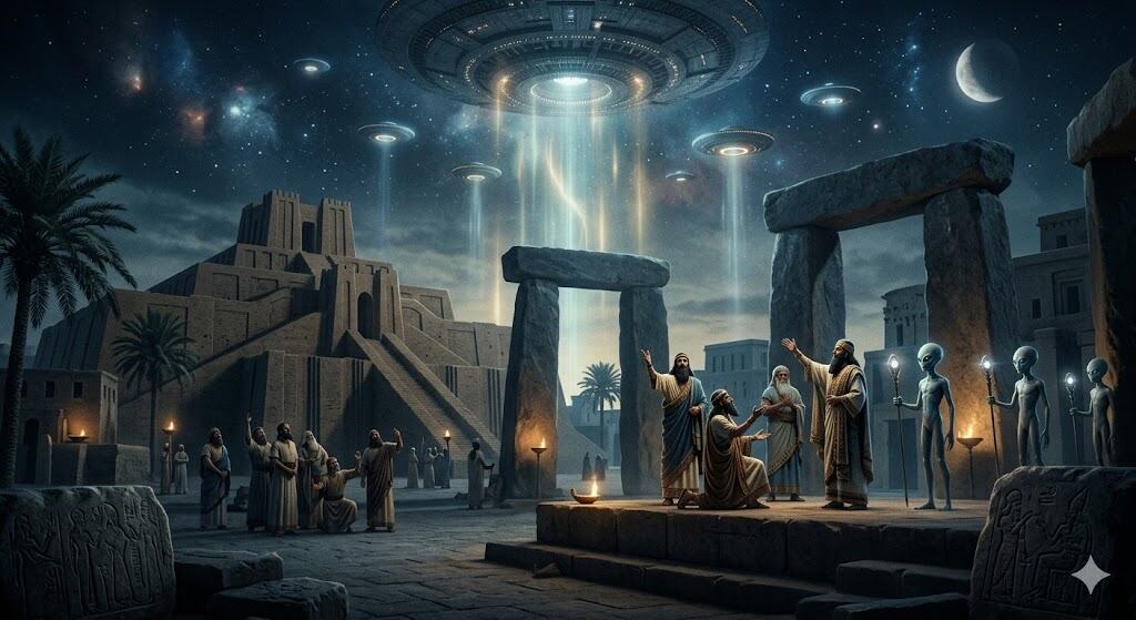 Uralte Menschen und Außerirdische versammeln sich nachts in der Nähe einer Zikkurat und steinerner Monumente, während glühende UFOs über ihnen schweben und Lichtstrahlen auf sie herabstrahlen, während eine Mondsichel am Himmel steht. | ancient-aliens-fakten.de