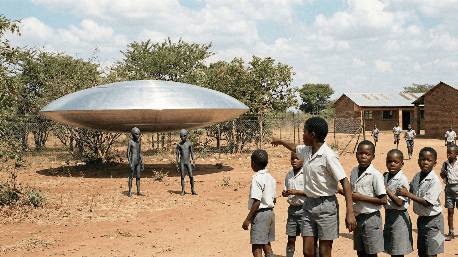 Eine Gruppe von Schulkindern in Uniformen steht im Freien, einige zeigen auf ein glänzendes, untertassenförmiges UFO und zwei graue außerirdische Gestalten in der Nähe - eine unheimliche Szene, die an klassische Prä-Astronautik und Paläo-SETI-Rätsel erinnert. | ancient-aliens-fakten.de