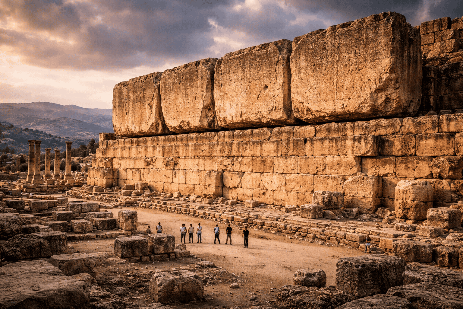 Baalbek-Plattformen: Eine Gruppe von Menschen steht vor den massiven Baalbek-Plattformen und antiken Ruinen bei Sonnenuntergang, mit hohen Säulen und Bergen im Hintergrund unter einem dramatisch bewölkten Himmel. | ancient-aliens-fakten.de