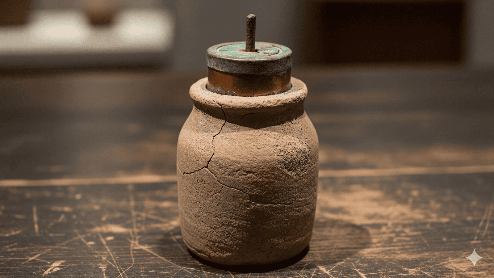 Ein verwittertes, altes Tongefäß mit sichtbaren Rissen steht auf einer hölzernen Unterlage. Sein Metalldeckel und sein zentraler Stab erinnern an Paläo-SETI-Theorien, an eine alte Batterie oder ein Artefakt, das mit prä-astronautischen Spekulationen verbunden ist. | ancient-aliens-fakten.de