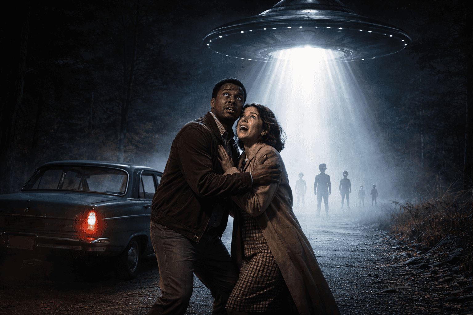 Ein verängstigter Mann und eine verängstigte Frau, die Betty Hill und Barney Hill ähneln, stehen nachts auf einem Waldweg in der Nähe eines Autos und klammern sich aneinander, als ein schwebendes UFO einen Lichtstrahl auf sie richtet. Drei außerirdische Figuren aus der berühmten Begegnung von 1961 erscheinen im Lichtstrahl hinter ihnen. | ancient-aliens-fakten.de