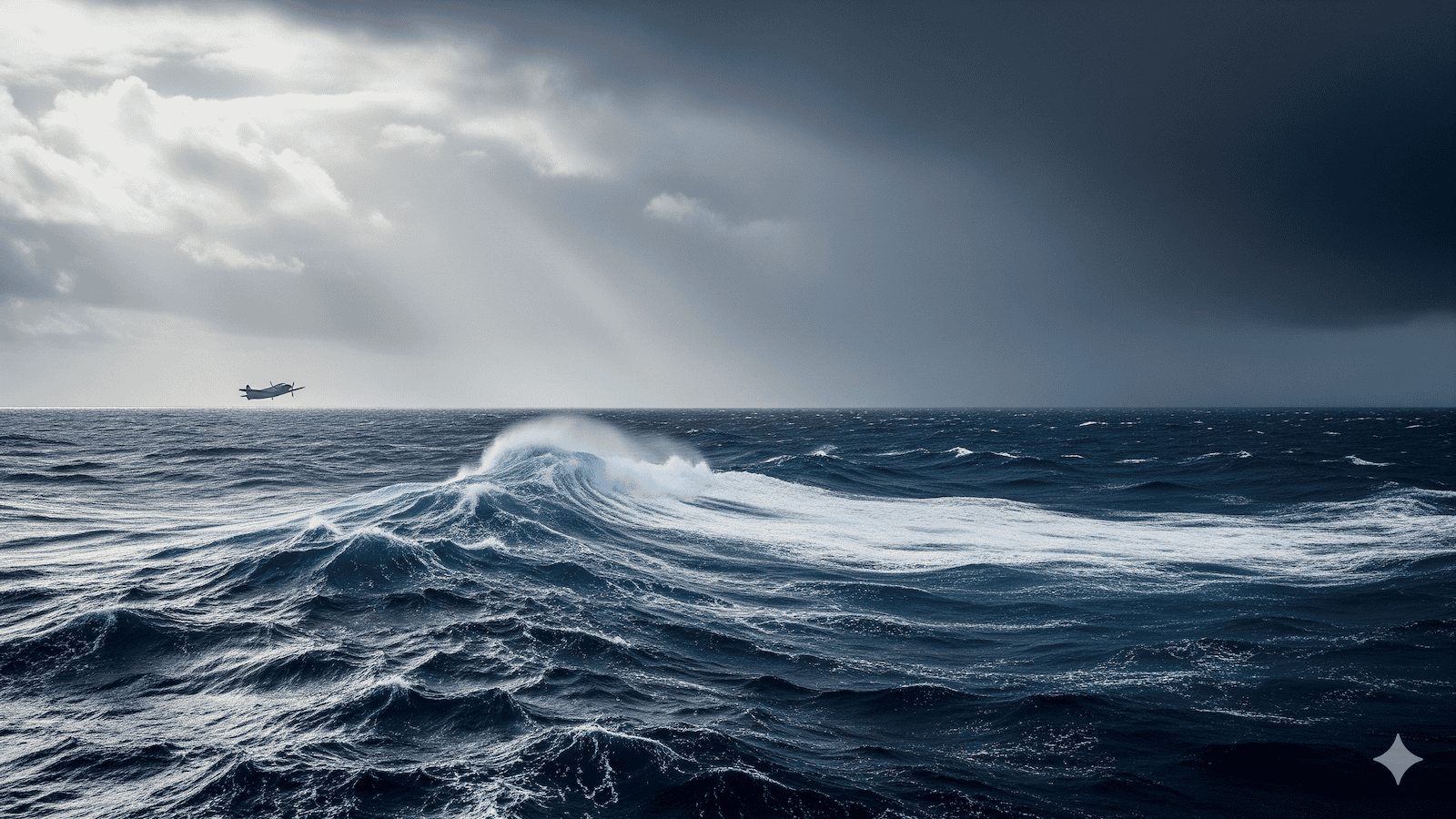 Ein Hubschrauber fliegt über die rauen, dunkelblauen Wellen des Ozeans unter einem dramatisch bewölkten Himmel, durch den Sonnenstrahlen brechen und Bilder hervorrufen, die an Paläo-SETI und prä-astronautische Erkundungen erinnern. | ancient-aliens-fakten.de