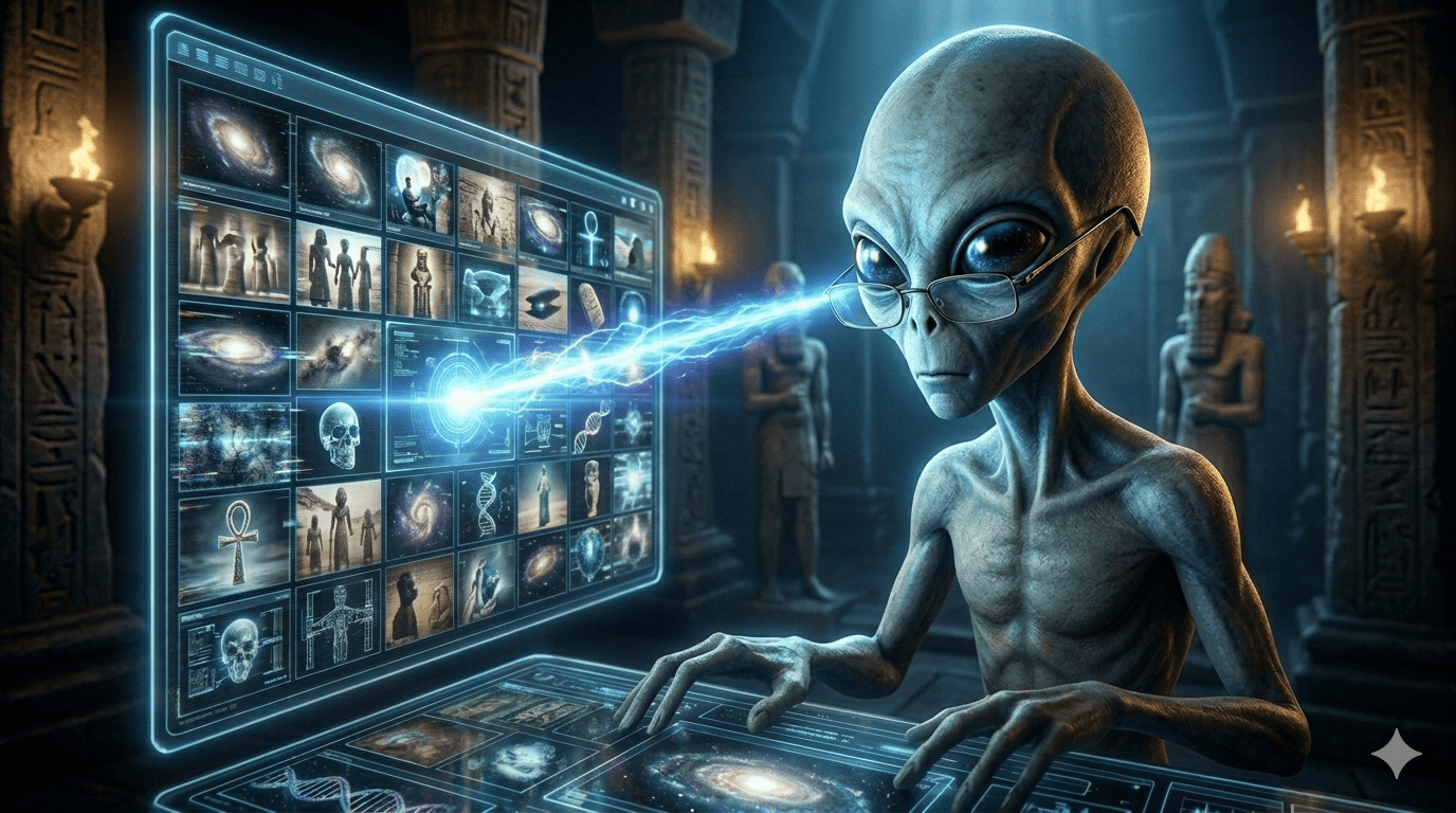 Ein Außerirdischer mit Brille benutzt einen futuristischen Touchscreen mit holografischen Bildern von Galaxien, Menschen und Symbolen und sendet einen blauen Energiestrahl aus seinem Auge. Im Hintergrund sind antike Statuen und Fackeln zu sehen. | ancient-aliens-fakten.de