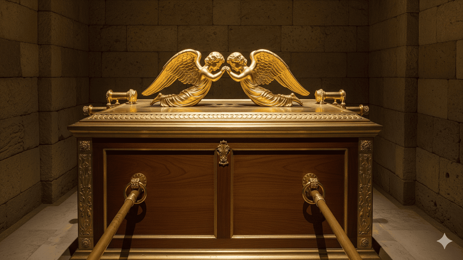Eine vergoldete Truhe mit zwei sich gegenüberstehenden goldenen Putten auf der Oberseite, die an Paläo-SETI- und Prä-Astronautik-Theorien erinnert, steht in einem steingemauerten Raum, an dessen Seiten hölzerne Tragestangen angebracht sind. | ancient-aliens-fakten.de
