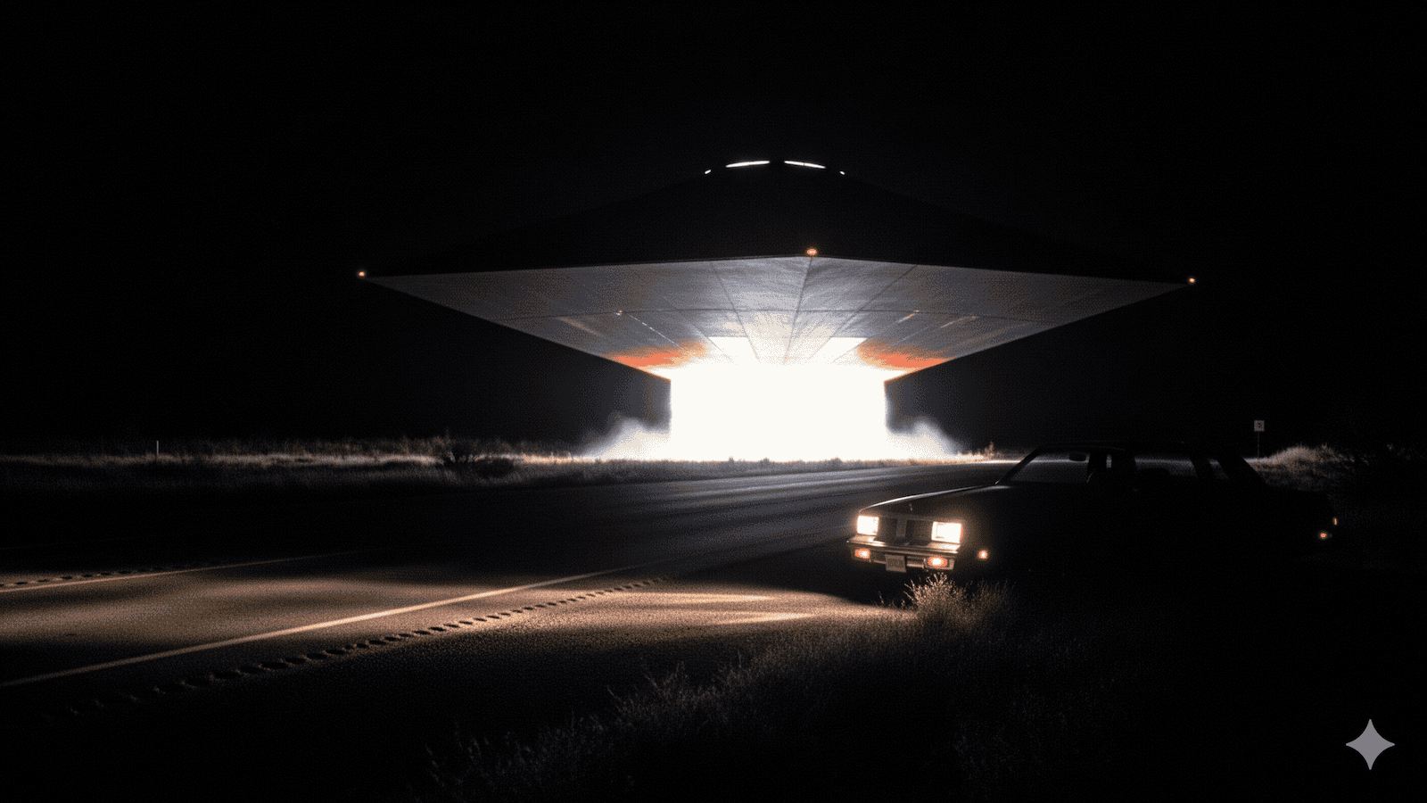 Ein großes, hell erleuchtetes UFO schwebt nachts über dem Boden und strahlt Licht und Nebel aus. Im Vordergrund ist ein Auto am Straßenrand geparkt, das vom Schein des UFOs teilweise beleuchtet wird - eine geheimnisvolle Szene, die an Themen von Paläo-SETI erinnert. | ancient-aliens-fakten.de