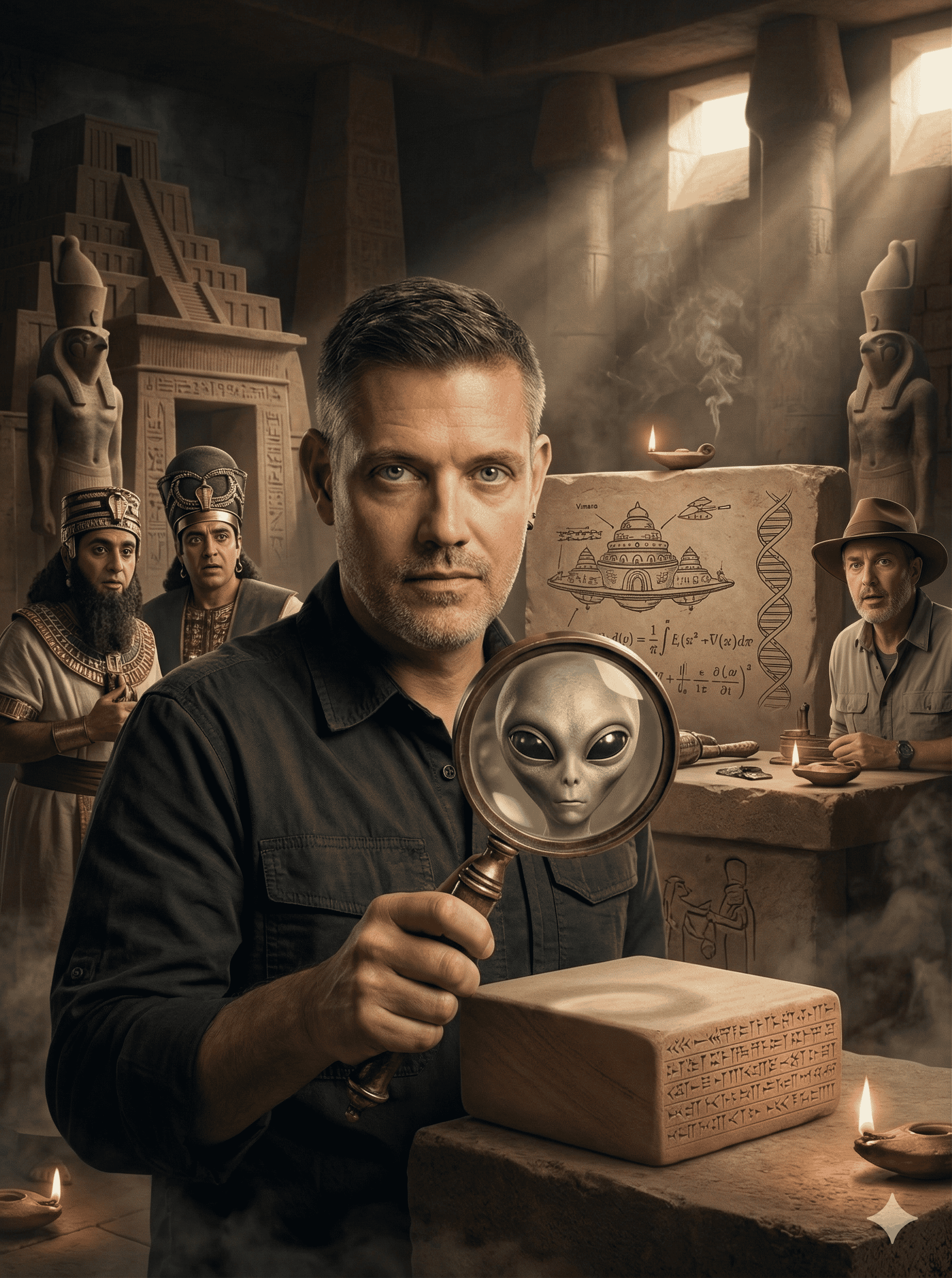 Daniel van Hoogen hält ein Vergrößerungsglas über einen Steinblock, auf dem ein fremdes Gesicht zu sehen ist. Hinter ihm stehen als Archäologen und alte Ägypter verkleidete Menschen in einem schwach beleuchteten Tempel, der mit Hieroglyphen, Pyramiden und antiken Artefakten gefüllt ist. | ancient-aliens-fakten.de