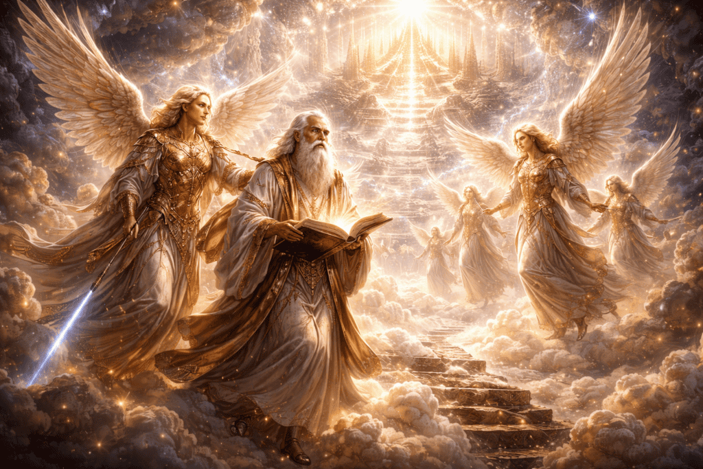 Vier majestätische Engel in goldenen Gewändern und mit leuchtenden Flügeln stehen auf Wolkenstufen, einer hält ein Buch - vielleicht das Buch Henoch -, während strahlendes Licht dieses ätherische, himmlische Reich erhellt, das von apokrypher Literatur inspiriert ist. | ancient-aliens-fakten.de