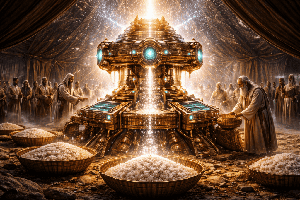 Eine Gruppe gewandeter Figuren versammelt sich um eine glühende Mana-Maschine, die funkelnde Energie ausstrahlt. Große Körbe mit weißen Körnern stehen im Vordergrund und verstärken die mystische und zeremonielle Szene des Mana-Maschine-Konzepts. | ancient-aliens-fakten.de