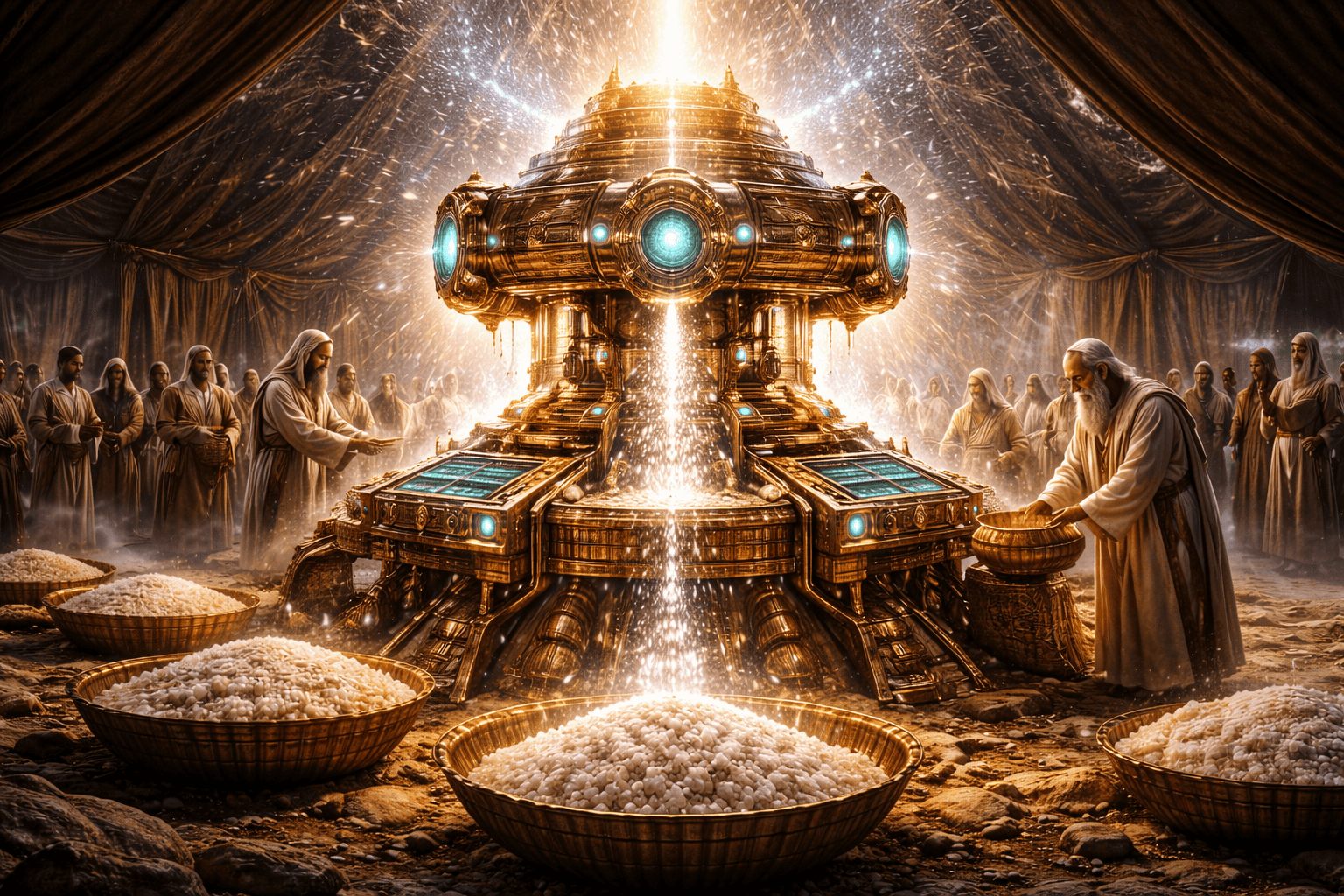 Eine Gruppe gewandeter Figuren versammelt sich um eine glühende Mana-Maschine, die funkelnde Energie ausstrahlt. Große Körbe mit weißen Körnern stehen im Vordergrund und verstärken die mystische und zeremonielle Szene des Mana-Maschine-Konzepts. | ancient-aliens-fakten.de