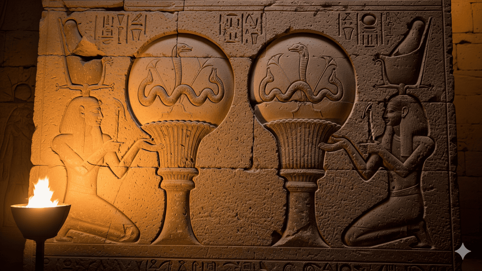 Eine altägyptische Wandschnitzerei zeigt zwei kniende Figuren, die Symbolen von Kobras in Sonnenscheiben auf lotusförmigen Ständern opfern, die von einer nahe gelegenen Fackel beleuchtet werden - eine Szene, auf die in Diskussionen über Prä-Astronautik und Paläo-SETI oft Bezug genommen wird. | ancient-aliens-fakten.de