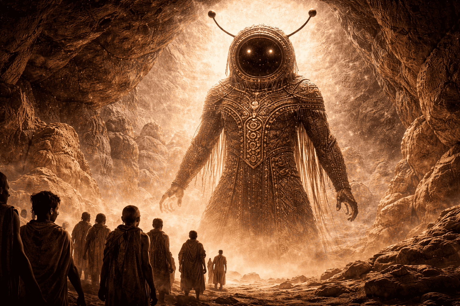 Der Große Marsgott von Tassili n’Ajjer: Eine Gruppe gewandeter Gestalten steht in einer felsigen Höhle und blickt auf den Großen Marsgott - ein kunstvolles außerirdisches Wesen mit glühenden Augen und Fühlern, das von goldenem Licht erleuchtet wird. Staub wirbelt um diese imposante Gestalt in den alten Hallen von Tassili n'Ajjer. | ancient-aliens-fakten.de