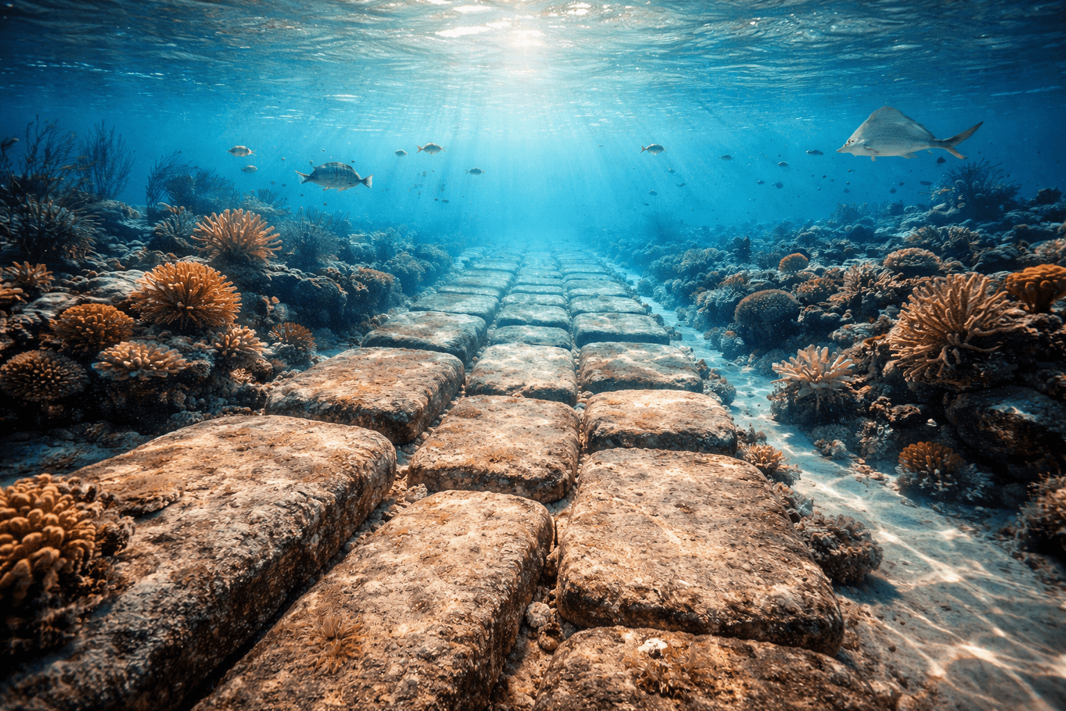 Das Sonnenlicht fällt durch das klare blaue Wasser auf die uralte Bimini Road, eine Unterwasserruine, umgeben von bunten Korallen, tropischen Fischen und einer lebendigen Unterwasserwelt. | ancient-aliens-fakten.de