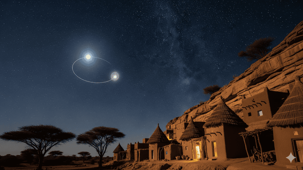 Traditionelle runde Lehmhütten mit Strohdächern am Fuße einer felsigen Klippe, unter einem sternenklaren Nachthimmel. Inspiriert von den Theorien des Paläo-SETI leuchten zwei helle Himmelskörper mit kreisförmigen Lichtspuren über der Szene. | ancient-aliens-fakten.de