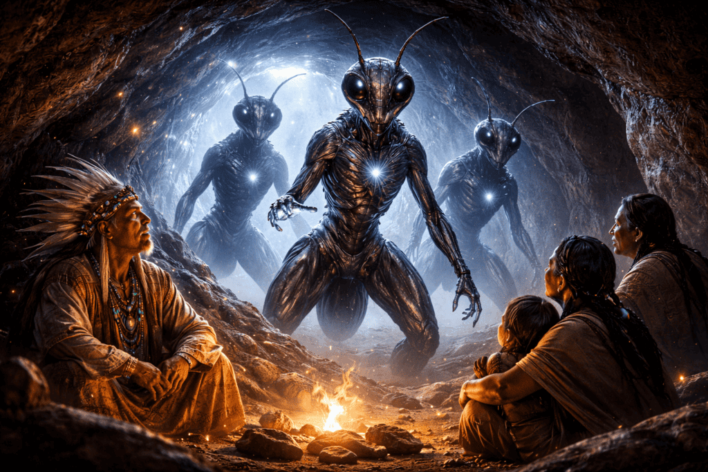 Eine Gruppe von vier Hopi-Indianern sitzt an einem Lagerfeuer in einer Höhle und blickt auf drei große Ameisenmenschen mit leuchtenden Truhen, die sich aus einem von blauem Licht erleuchteten Tunneleingang nähern. | ancient-aliens-fakten.de