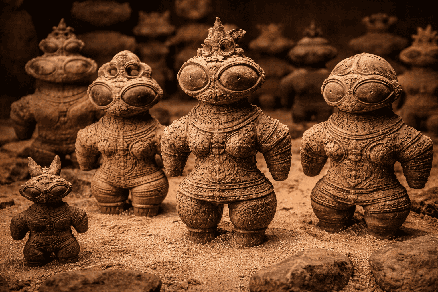 Dogū-Figuren Tonskulpturen: Eine Gruppe von kunstvoll geschnitzten Dogū-Figuren aus Ton mit großen runden Augen und detaillierten Mustern steht auf sandigem Boden und erinnert an antike oder außerirdische japanische Figuren in einer schwach beleuchteten Umgebung. | ancient-aliens-fakten.de