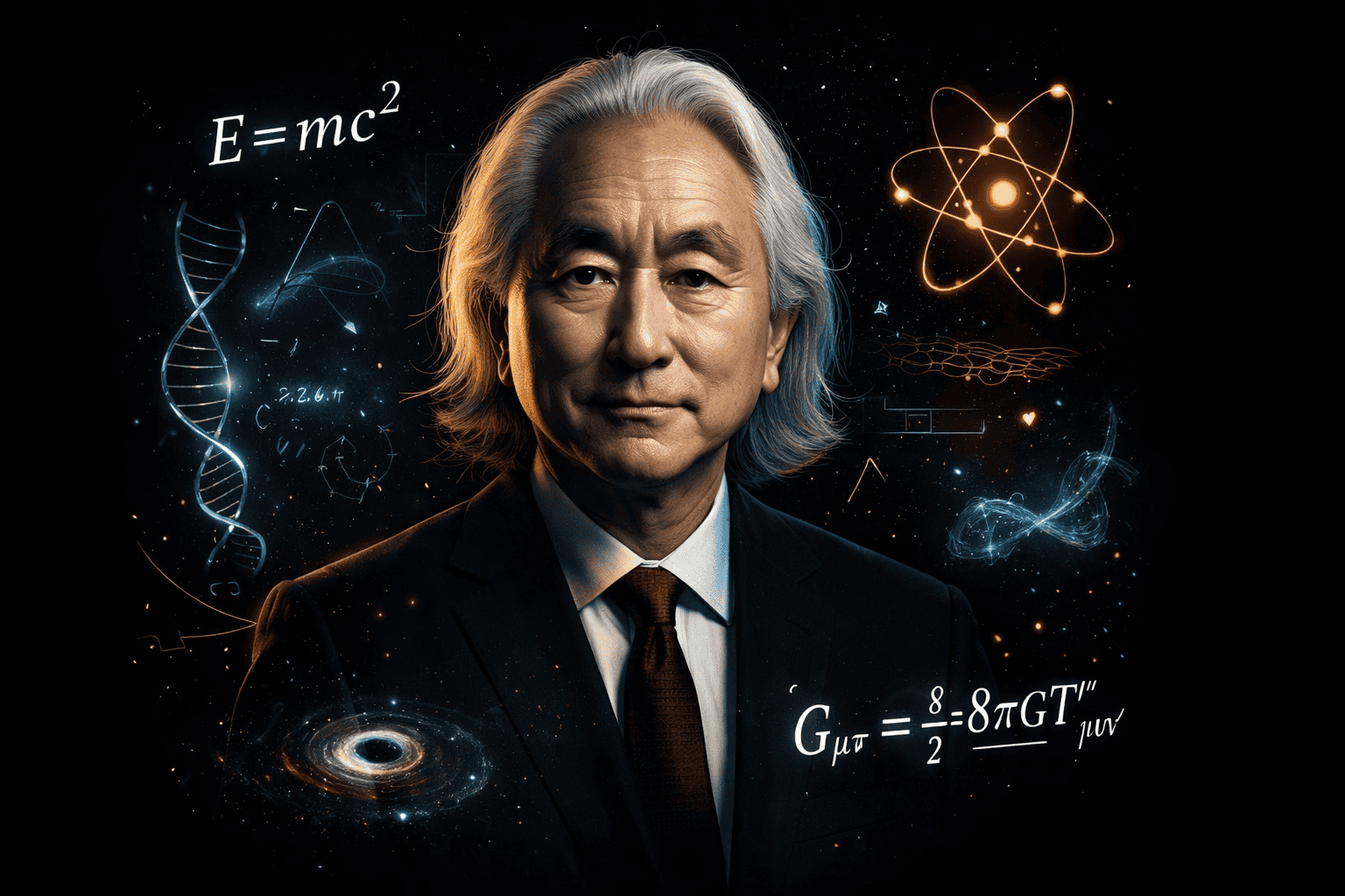 Ein vornehmer Mann mit grauem Haar im Anzug, der Dr. Michio Kaku ähnelt, steht vor einem dunklen Hintergrund, umgeben von leuchtenden wissenschaftlichen Symbolen wie DNA, Atomen, schwarzen Löchern und berühmten Gleichungen wie E=mc² und Einsteins Feldgleichungen. | ancient-aliens-fakten.de