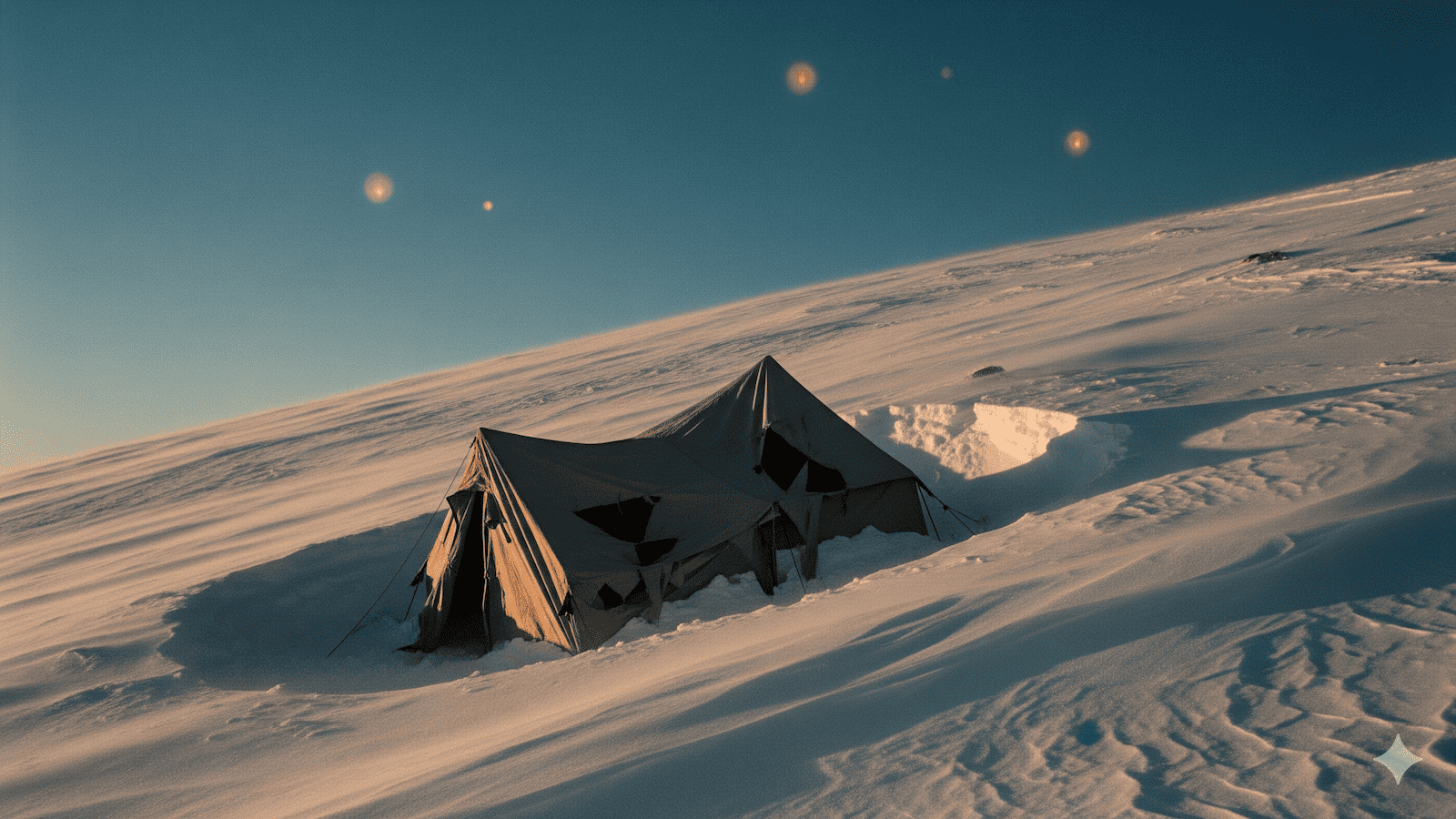 Ein einsames Zelt steht in der Abenddämmerung an einem verschneiten Hang, teilweise umgeben von Schneeverwehungen. Der Himmel ist klar und mehrere leuchtende Kugeln oder Himmelskörper sind über dem Horizont zu sehen. | ancient-aliens-fakten.de