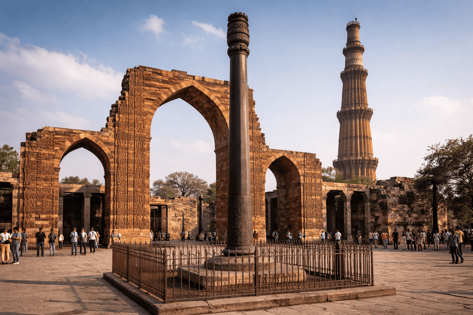 Menschen versammeln sich an einem sonnigen Tag um alte Steinbögen und die eiserne Säule von Delhi, mit dem hohen Qutub Minar im Hintergrund im Qutub-Komplex in Delhi, Indien. | ancient-aliens-fakten.de