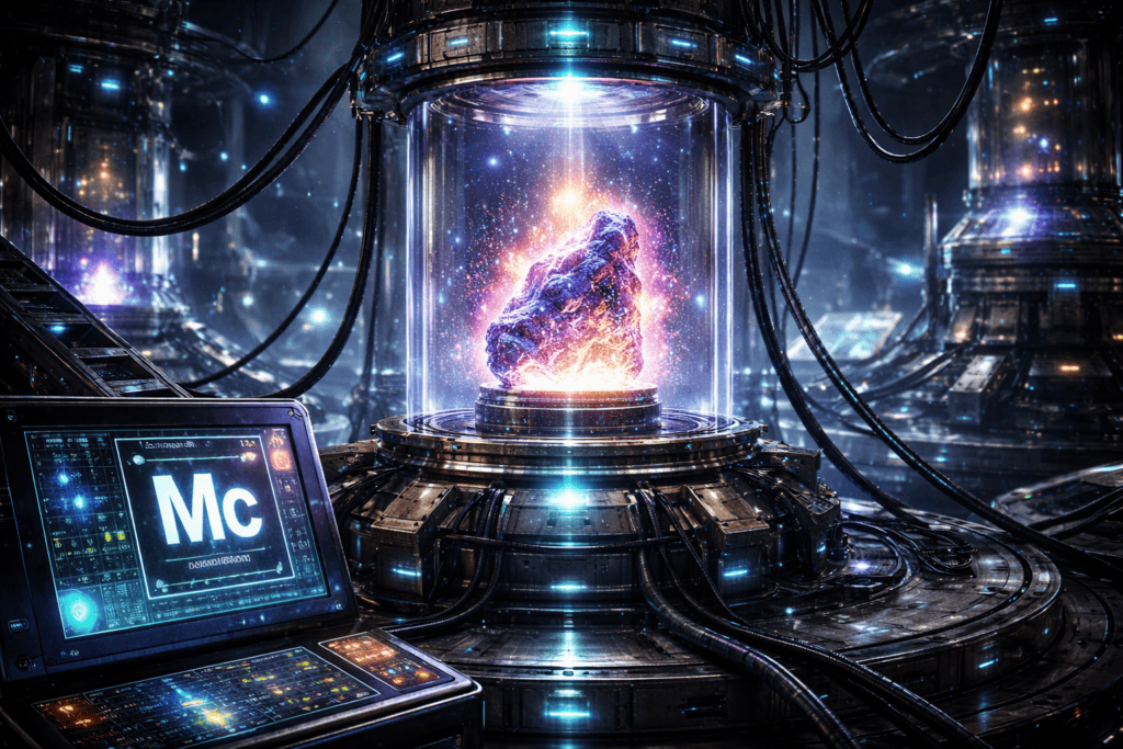 Ein leuchtender, lila-oranger Kristall schwebt in einer futuristischen Glaskammer, umgeben von Kabeln und Technik. Ein Monitor in der Nähe zeigt Mc und wissenschaftliche Daten an, was an ein Science-Fiction-Labor erinnert. | ancient-aliens-fakten.de