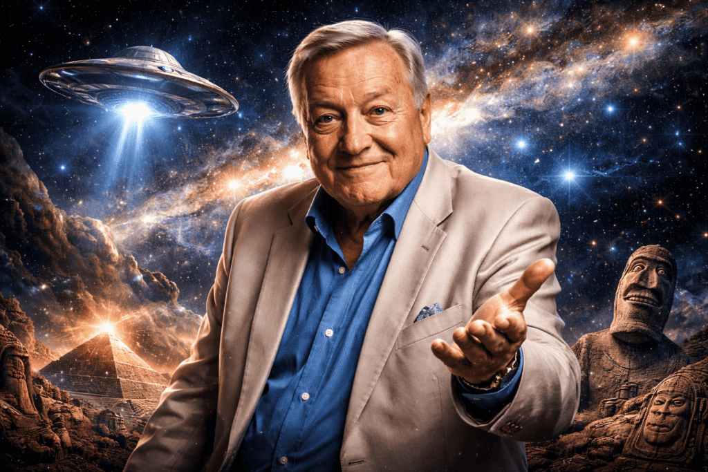 Erich von Däniken: Ein lächelnder älterer Mann in einem beigen Anzug steht einladend gestikulierend vor einer kosmischen Kulisse mit Sternen, einem UFO, Pyramiden, antiken Statuen und einem Lichtstrahl - eine Hommage an Erich von Dänikens Mischung aus Geschichte und Science-Fiction. | ancient-aliens-fakten.de