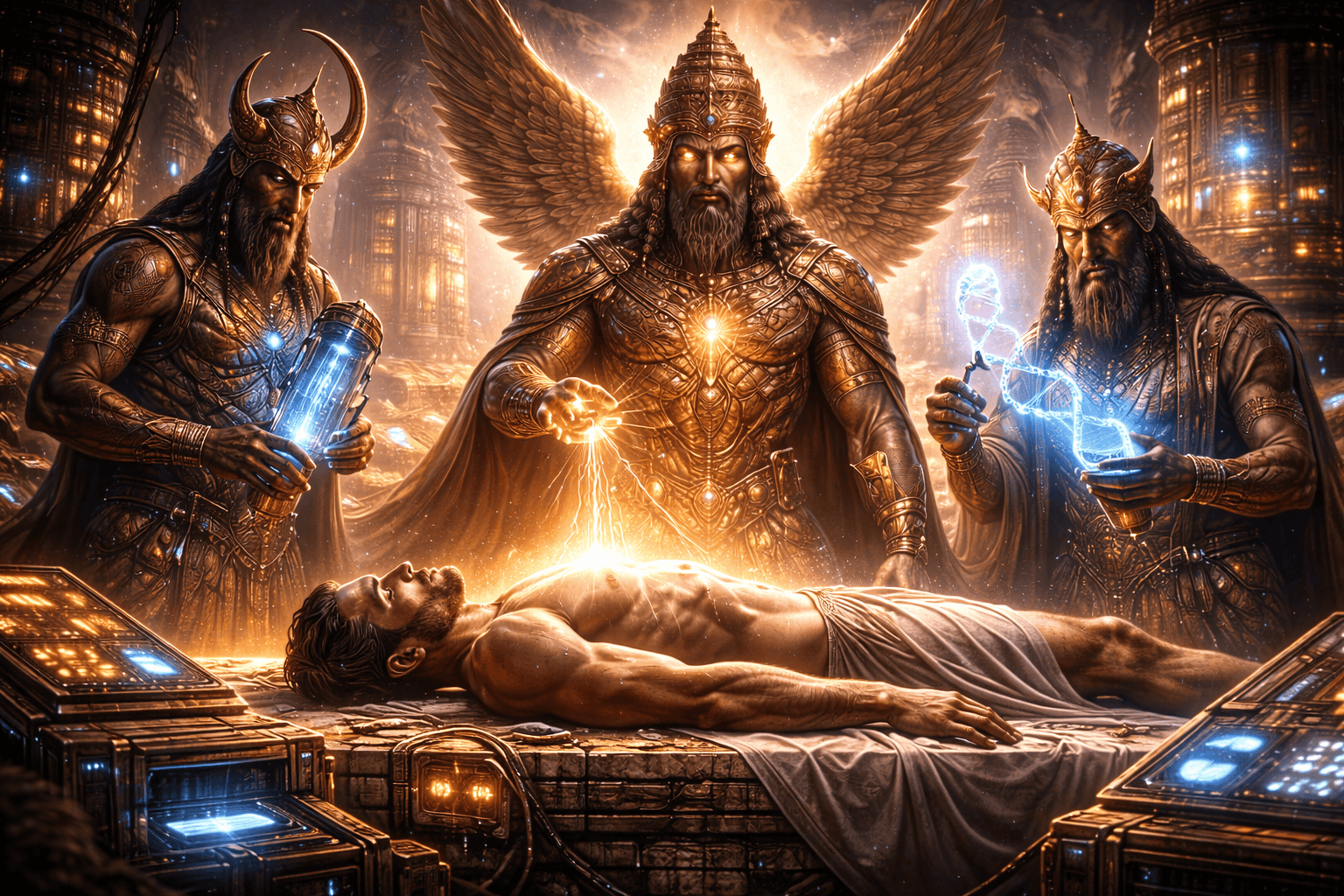 Ein Mann liegt auf einem glühenden Tisch, während drei gepanzerte, mythische Gestalten mit Flügeln und Kronen in der Erschaffung des Adamu - einer mystischen Schöpfungs- oder Erweckungsszene in einer futuristischen, golden erleuchteten Welt - fortschrittliche, magische Geräte benutzen. | ancient-aliens-fakten.de