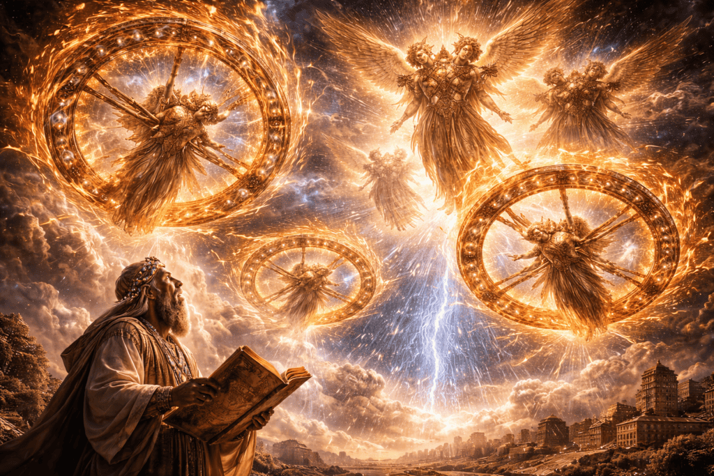 Ezechiels Vision: Ein bärtiger Mann, der ein aufgeschlagenes Buch in der Hand hält, blickt auf feurige, leuchtende Engelwesen mit mehreren Flügeln und Rädern am Himmel - eine ehrfurchtgebietende Darstellung von Ezechiels Vision inmitten wirbelnder Wolken und Blitze über einer antiken Stadt. | ancient-aliens-fakten.de
