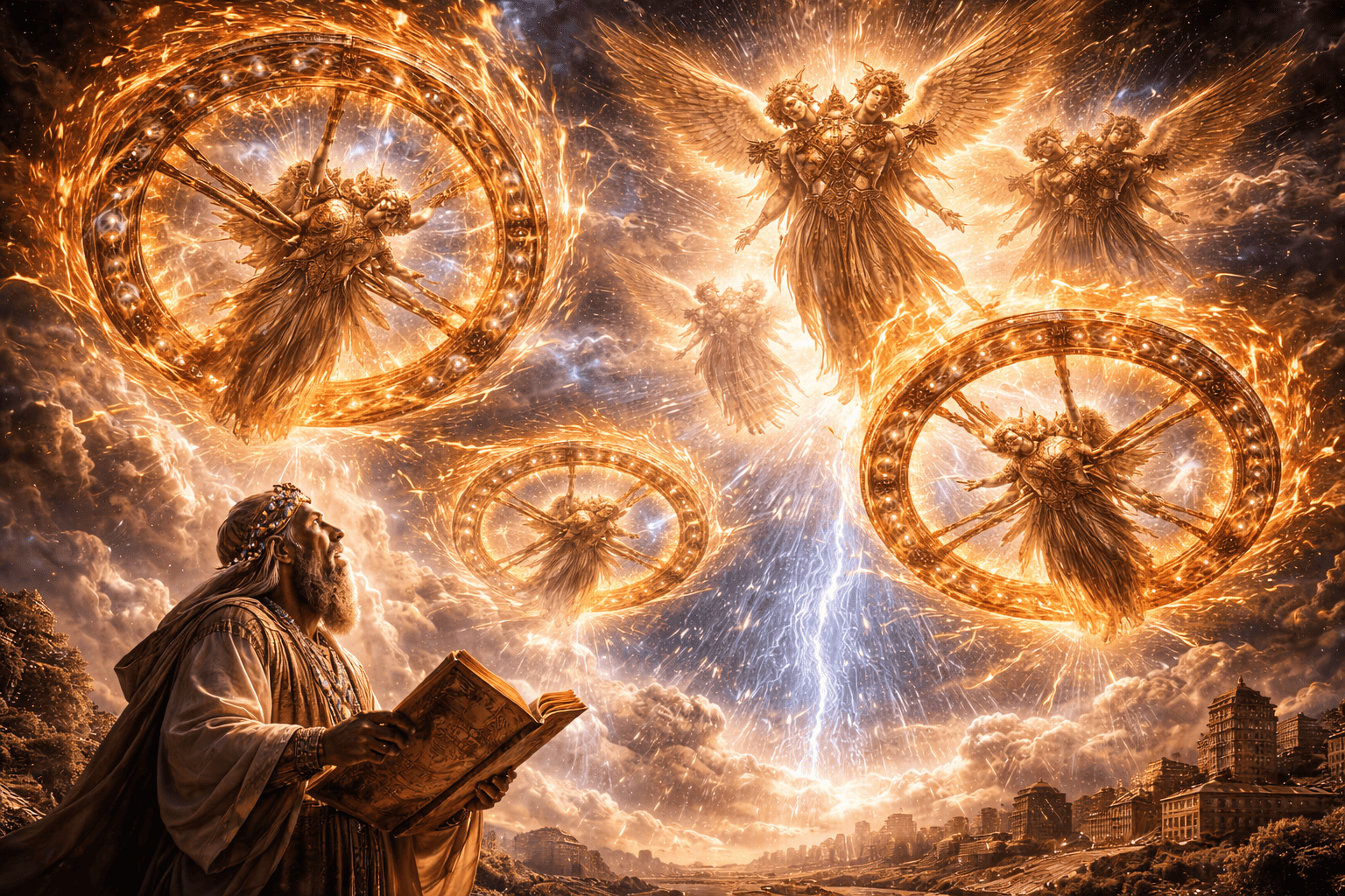 Ezechiels Vision: Ein bärtiger Mann, der ein aufgeschlagenes Buch in der Hand hält, blickt auf feurige, leuchtende Engelwesen mit mehreren Flügeln und Rädern am Himmel - eine ehrfurchtgebietende Darstellung von Ezechiels Vision inmitten wirbelnder Wolken und Blitze über einer antiken Stadt. | ancient-aliens-fakten.de