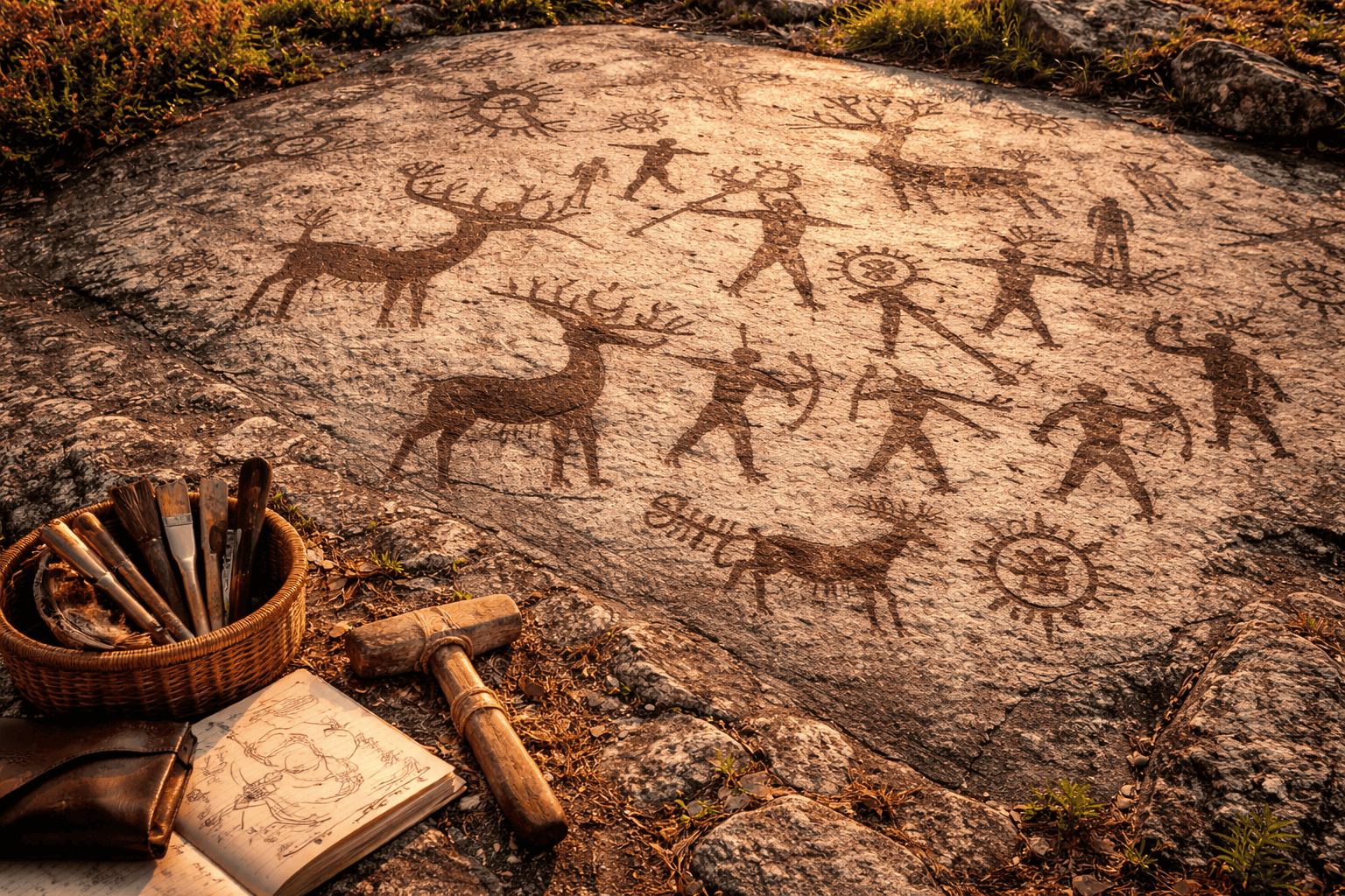 Antike Felszeichnungen im Val Camonica zeigen Menschen, die mit Bögen und Speeren Hirsche jagen. In der Nähe liegen archäologische Werkzeuge, ein Korb mit Pinseln und ein Skizzenbuch mit Notizen und Zeichnungen verstreut auf dem Boden. | ancient-aliens-fakten.de
