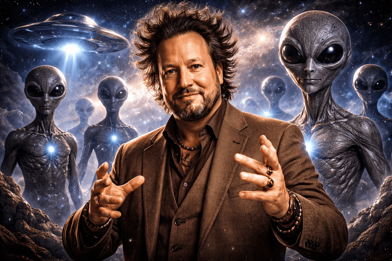 Giorgio A Tsoukalos: Ein Mann mit gewelltem Haar und Bart gestikuliert mit den Händen und sieht aus wie Giorgio A. Tsoukalos. Er steht vor mehreren grauen Außerirdischen und einer fliegenden Untertasse vor einem sternenübersäten, kosmischen Hintergrund. | ancient-aliens-fakten.de