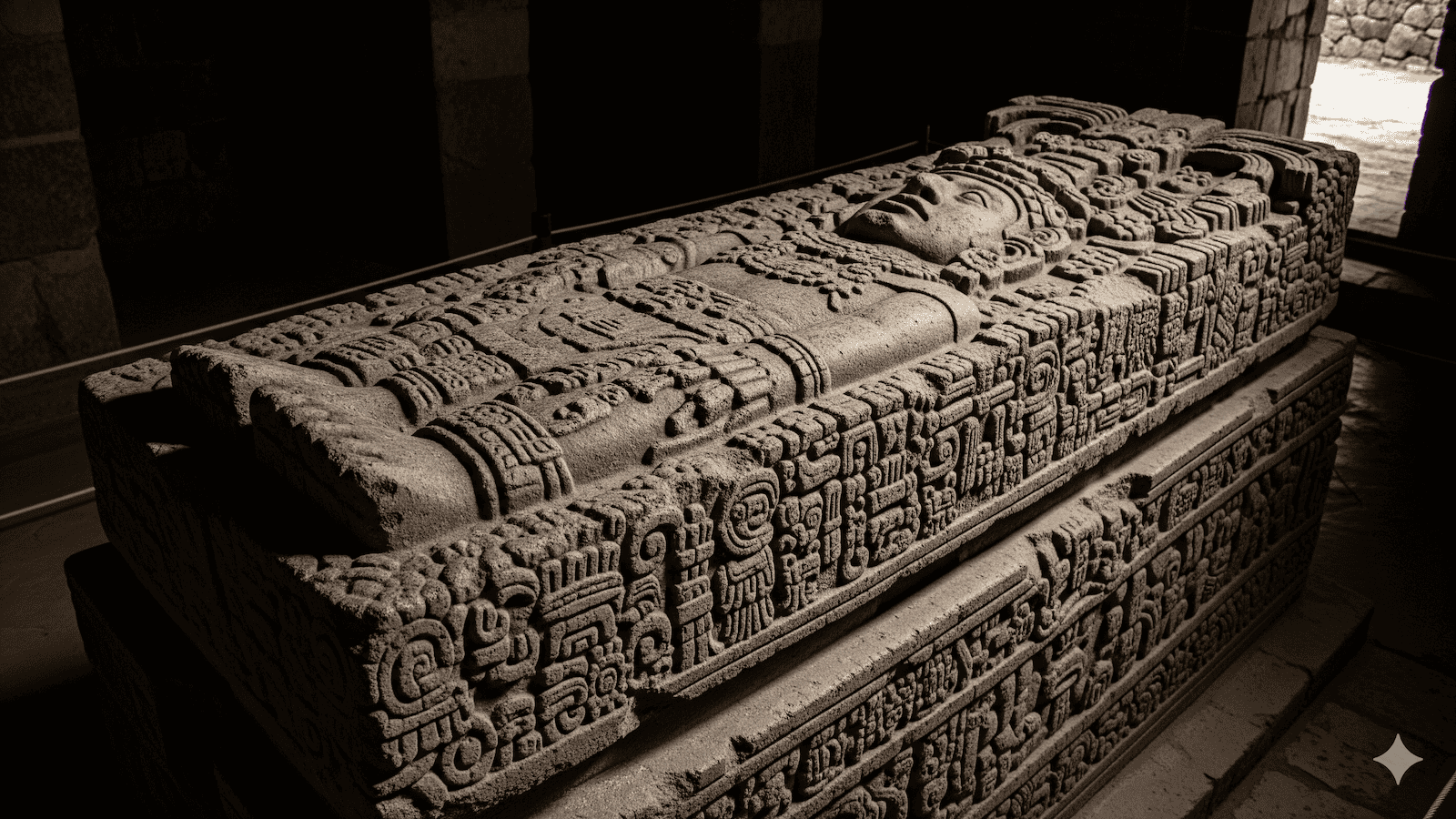 Ein detaillierter steinerner Sarkophagdeckel, der mit komplizierten Schnitzereien und der Figur einer liegenden Person verziert ist und in einem Innenraum bei schwacher Beleuchtung ausgestellt wird. | ancient-aliens-fakten.de