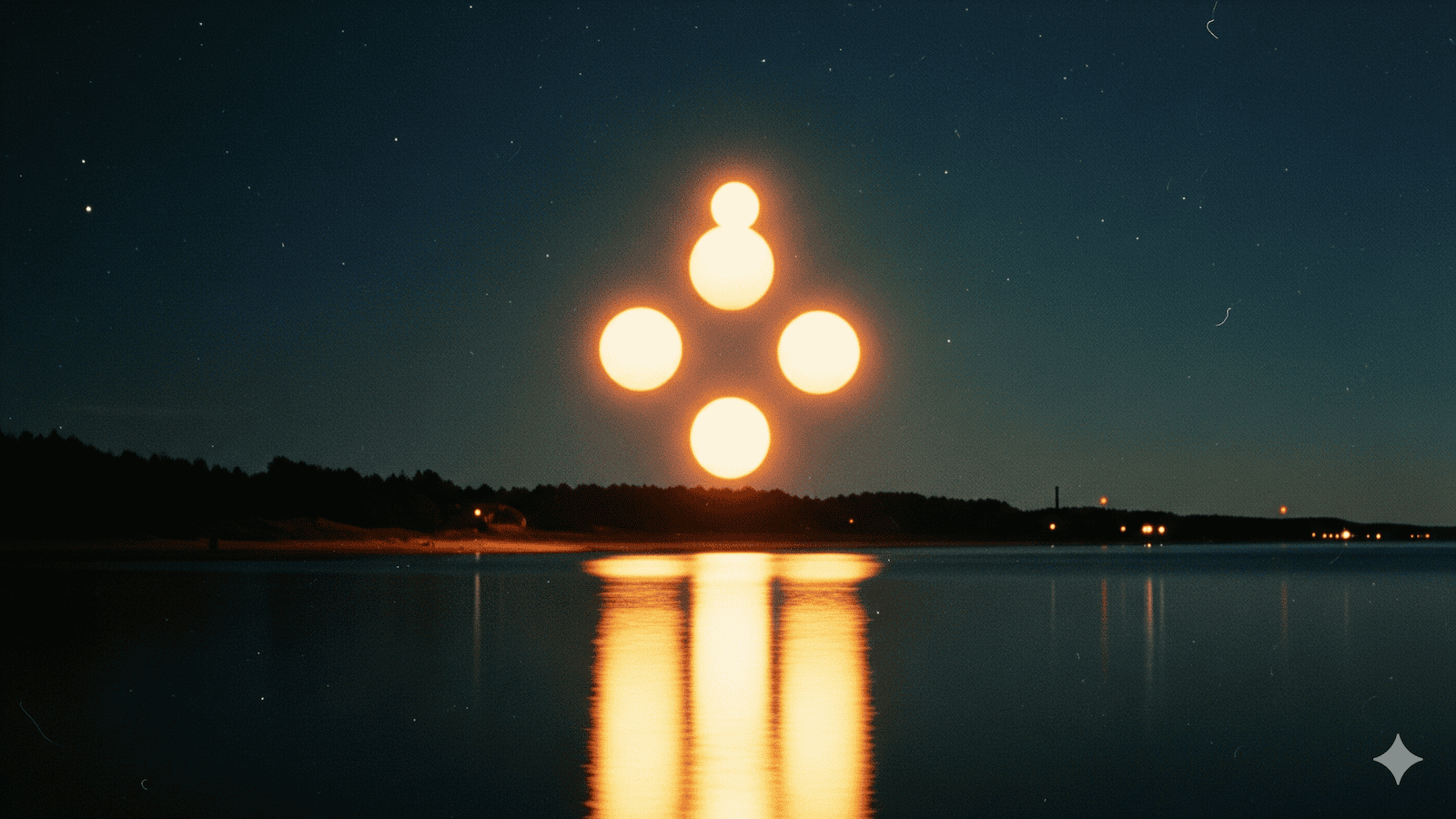 Eine Nachtszene über einem ruhigen See zeigt fünf helle, leuchtende Kugeln, die in einem Kreuzmuster am Himmel angeordnet sind und deren Licht sich auf der Wasseroberfläche spiegelt. Bäume und ferne Lichter säumen den Horizont. | ancient-aliens-fakten.de