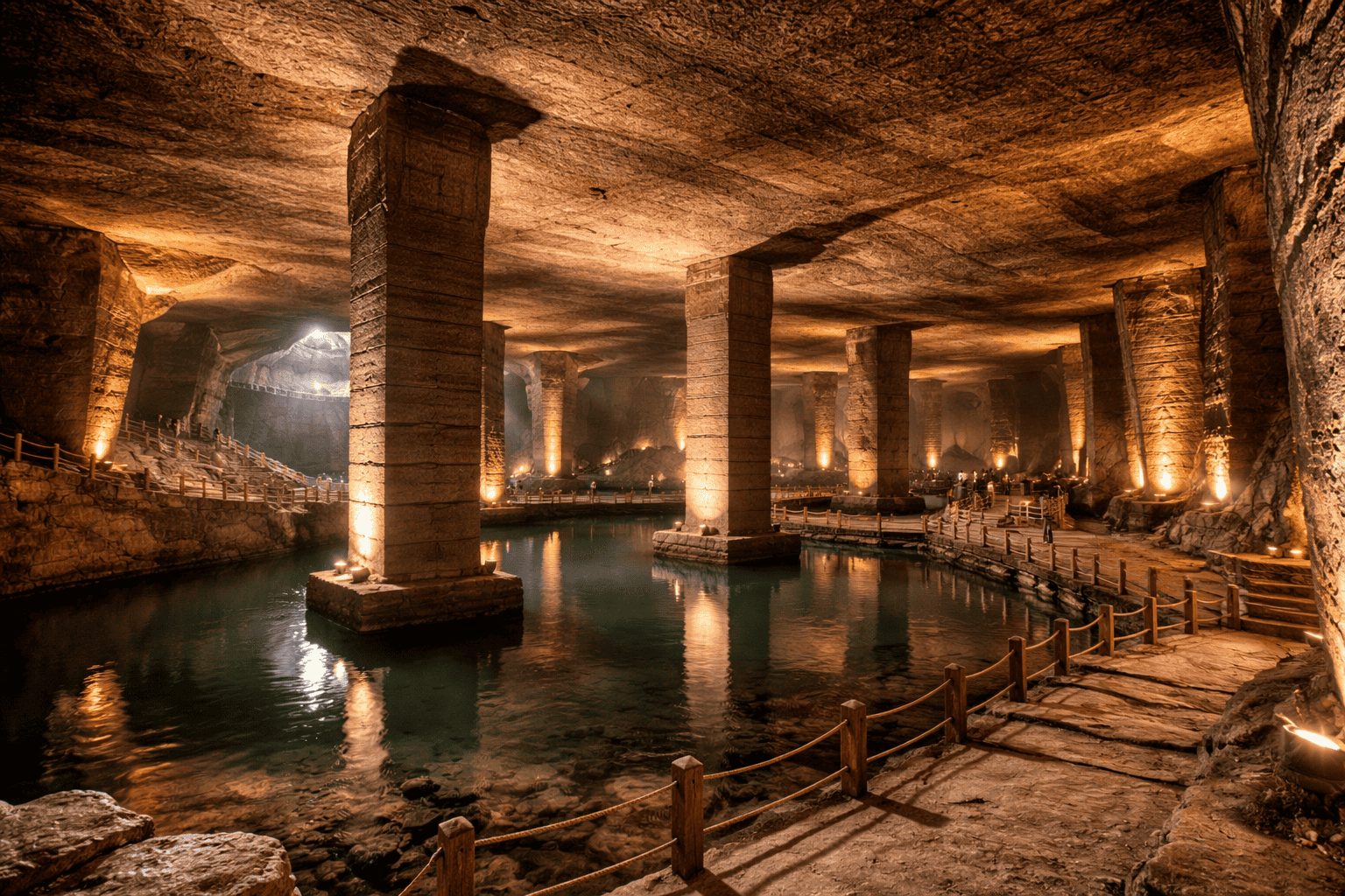 Eine unterirdische Steinhöhle, die von den Longyou-Höhlen inspiriert wurde, verfügt über große quadratische Säulen, Wasserbecken und warme Beleuchtung. Ein Holzsteg mit Seilgeländer umgibt das Wasser und führt tiefer in die beleuchtete Höhle hinein. | ancient-aliens-fakten.de
