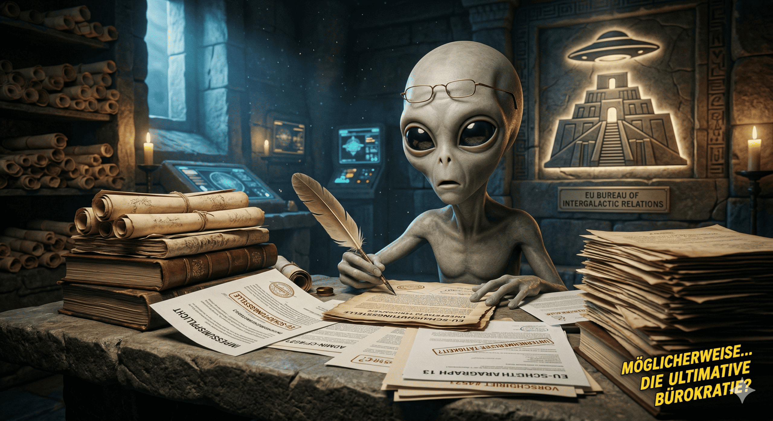 Daniel van Hoogen | Impressum: ein Außerirdischer mit Brille schreibt mit einer Feder an einem Schreibtisch mit gestempeltem Papierkram, umgeben von Schriftrollen und High-Tech-Monitoren. Auf einem Schild steht EU Bureau of Intergalactic Relations. Deutscher Text: Möglicherweise... Die ultimative Bürokratie!. | ancient-aliens-fakten.de