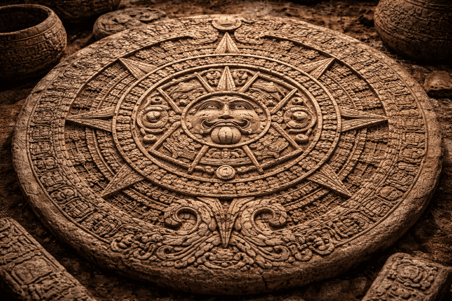 Eine detaillierte Steinmetzarbeit eines alten aztekischen Kalenders mit komplizierten geometrischen Mustern und einem zentralen Sonnengesicht mit herausragender Zunge, das an den Kalender der Maya erinnert, umgeben von Symbolen und kleineren kreisförmigen Schnitzereien. | ancient-aliens-fakten.de