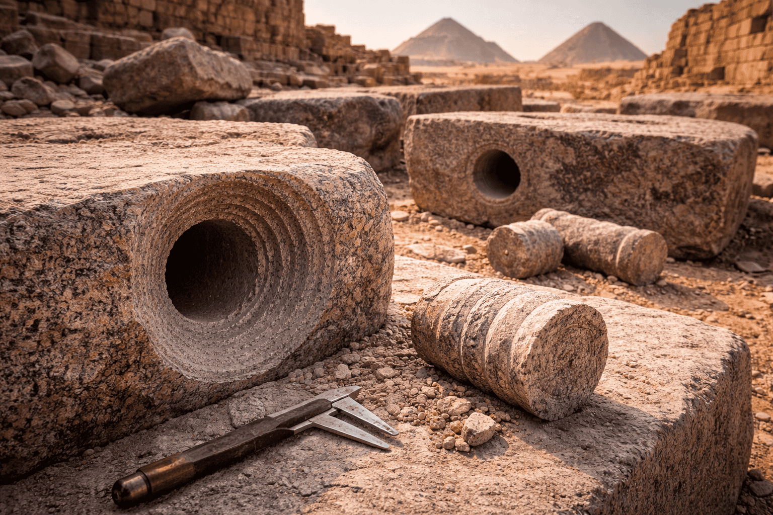 Steinblöcke mit großen, präzisen Kernbohrungen und zylindrischen Kernen liegen verstreut in den antiken Ruinen von Abusir. In der Nähe ruht ein Metallwerkzeug, während sich im Hintergrund unter einem dunstigen Himmel Pyramiden abzeichnen. | ancient-aliens-fakten.de