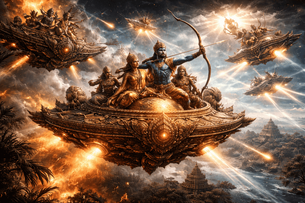 Eine lebhafte Fantasieszene, die von der Ramayana-Mythologie inspiriert ist: uralte Krieger in Gold, verzierte fliegende Streitwagen, die am Himmel kämpfen, Pfeile und Feuerkugeln, die durch stürmische Wolken über üppigen Tempeln schweben - ein wahrer Krieg der Götter. | ancient-aliens-fakten.de