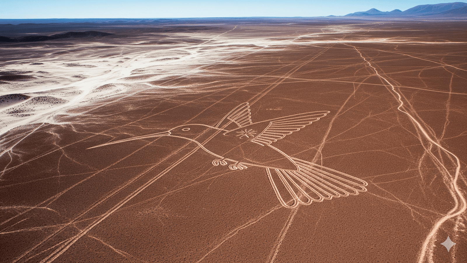 Luftaufnahme der Nazca-Linien in Peru, die eine große Geoglyphe eines Kolibris zeigt, die in die rötlich-braune Wüstenlandschaft geätzt wurde, mit Bergen im fernen Hintergrund. | ancient-aliens-fakten.de
