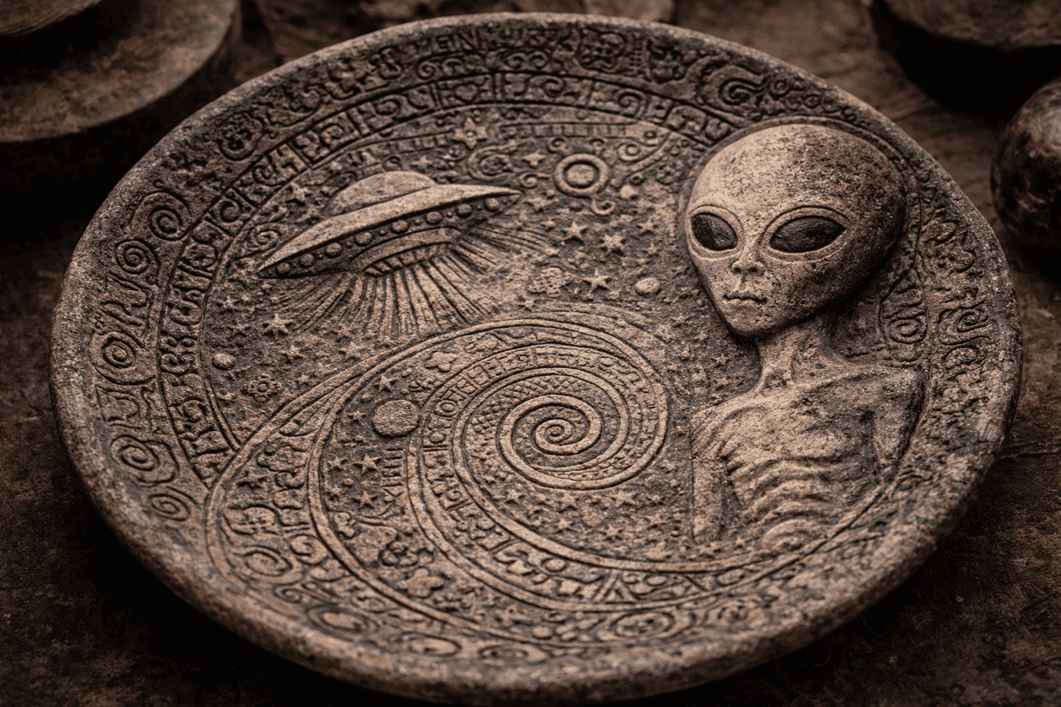 Eine runde Steinplatte, bekannt als Lolladoff-Platte, in die eine außerirdische Figur, ein spiralförmiges kosmisches Muster und eine fliegende Untertasse, die Strahlen aussendet, eingemeißelt sind, umgeben von geheimnisvollen Symbolen und Sternen. | ancient-aliens-fakten.de