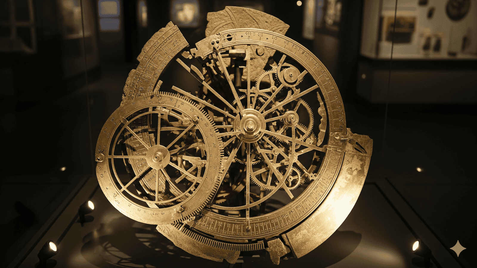 Ein komplexer, altertümlicher Messingmechanismus mit ineinander greifenden Zahnrädern und kreisförmigen Zifferblättern ist in einem Museum ausgestellt und wird von Scheinwerfern in einem schwach beleuchteten Raum angestrahlt. | ancient-aliens-fakten.de