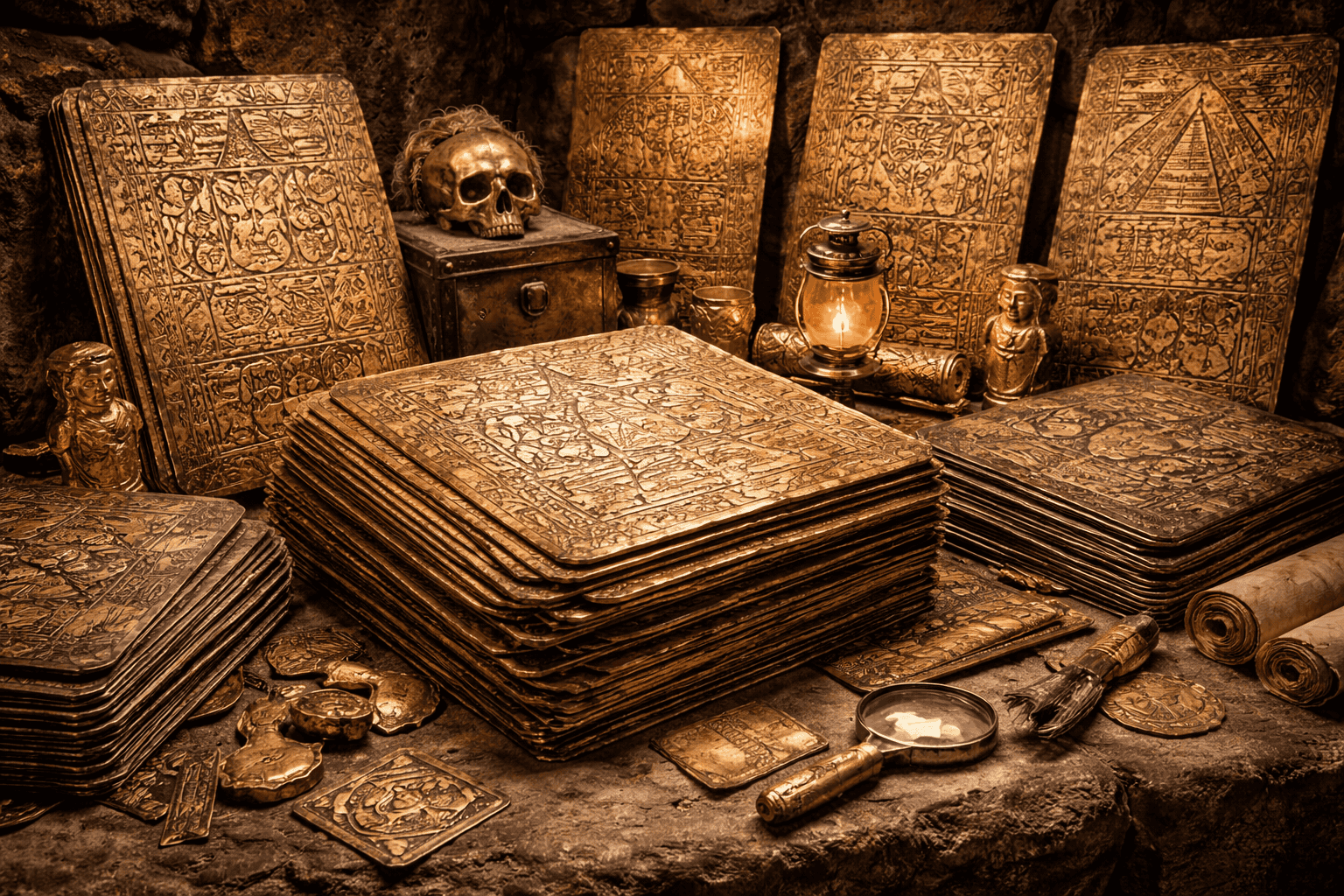 Metall-Bibliothek von Father Crespi: Stapel von eingravierten goldenen Tafeln, die an die Metall-Bibliothek von Pater Crespi erinnern, sind von antiken Artefakten umgeben - einem Schädel, Münzen, einem Vergrößerungsglas, einem Hammer, einer Laterne, Statuen und einer Schriftrolle, die in einer schwach beleuchteten, höhlenartigen Umgebung auf einem Stein liegt. | ancient-aliens-fakten.de