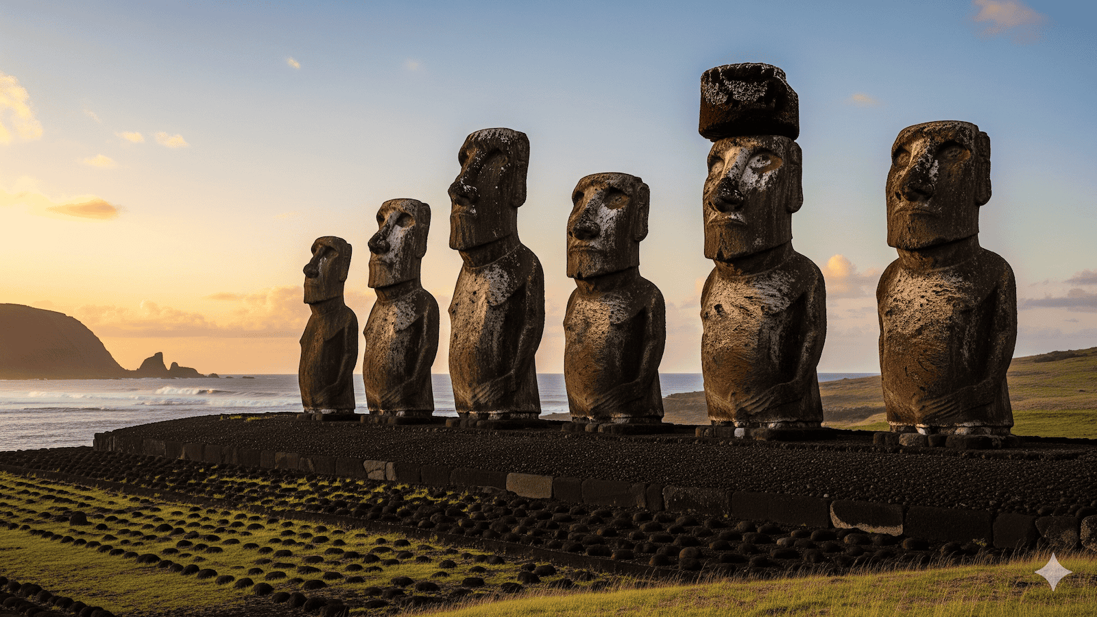 Sechs große Moai-Statuen aus Stein stehen bei Sonnenuntergang auf einer steinernen Plattform auf der Osterinsel, mit grasbewachsenem Gelände und fernen Hügeln im Hintergrund. Eine Statue trägt einen roten Steinhut. Auf der linken Seite sind Wellen und das Meer zu sehen. | ancient-aliens-fakten.de