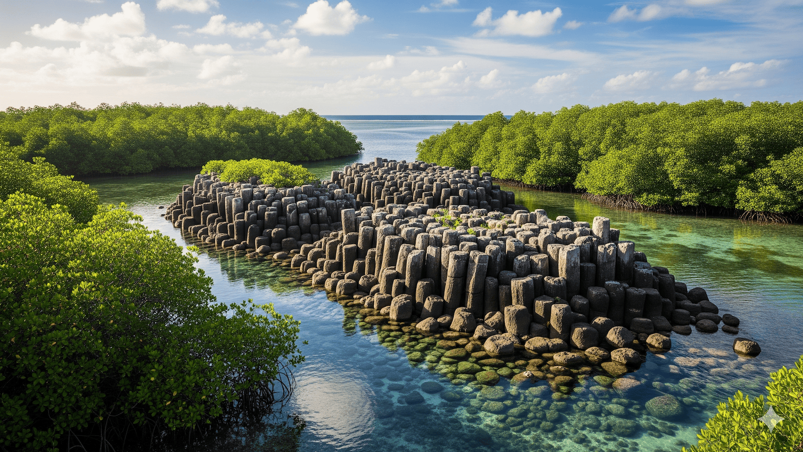 Eine Formation aus sechseckigen Basaltsäulen erhebt sich aus dem klaren, flachen Wasser, umgeben von üppig grünen Mangrovenbäumen, unter einem teilweise bewölkten Himmel am Rande einer tropischen Küste. | ancient-aliens-fakten.de