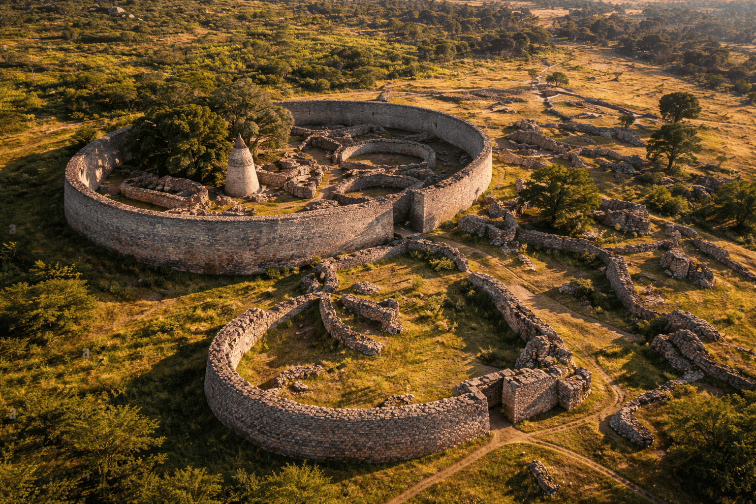 Luftaufnahme der Großen Simbabwe Ruinen mit alten Steinmauern und Strukturen, umgeben von üppiger Vegetation - eine der Top-Sehenswürdigkeiten von Simbabwe. | ancient-aliens-fakten.de