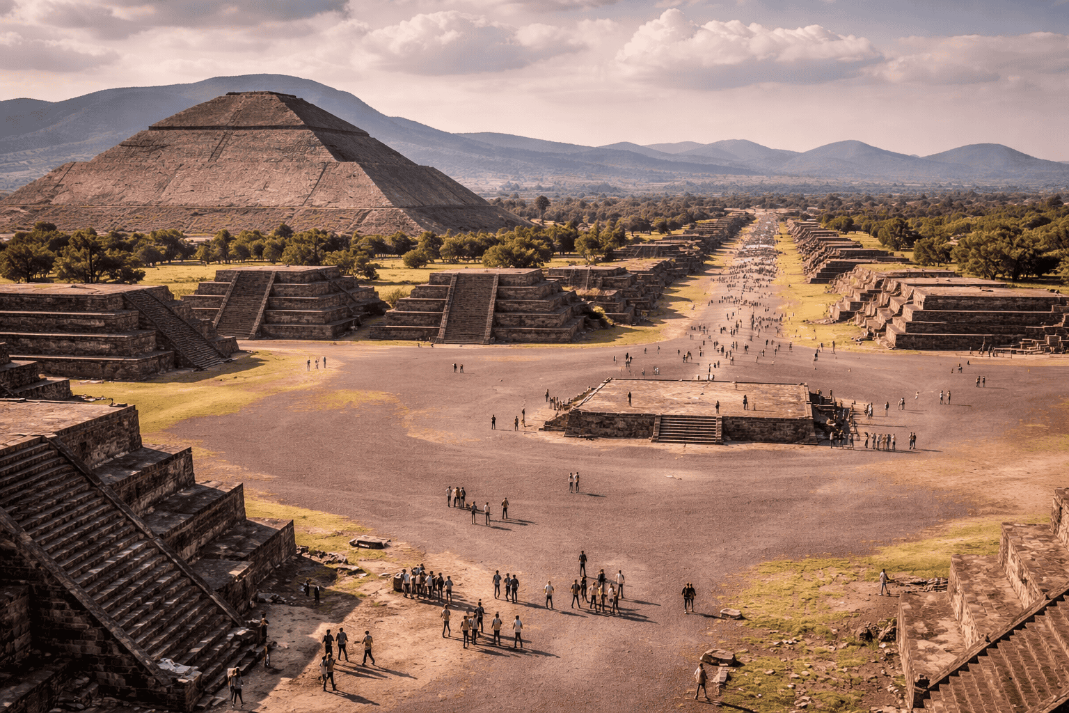 Eine weite Ansicht von Teotihuacan mit der Sonnenpyramide auf der linken Seite, kleineren Pyramiden und Menschenmassen, die entlang der Straße der Toten spazieren, mit Bergen im Hintergrund unter einem teilweise bewölkten Himmel. | ancient-aliens-fakten.de