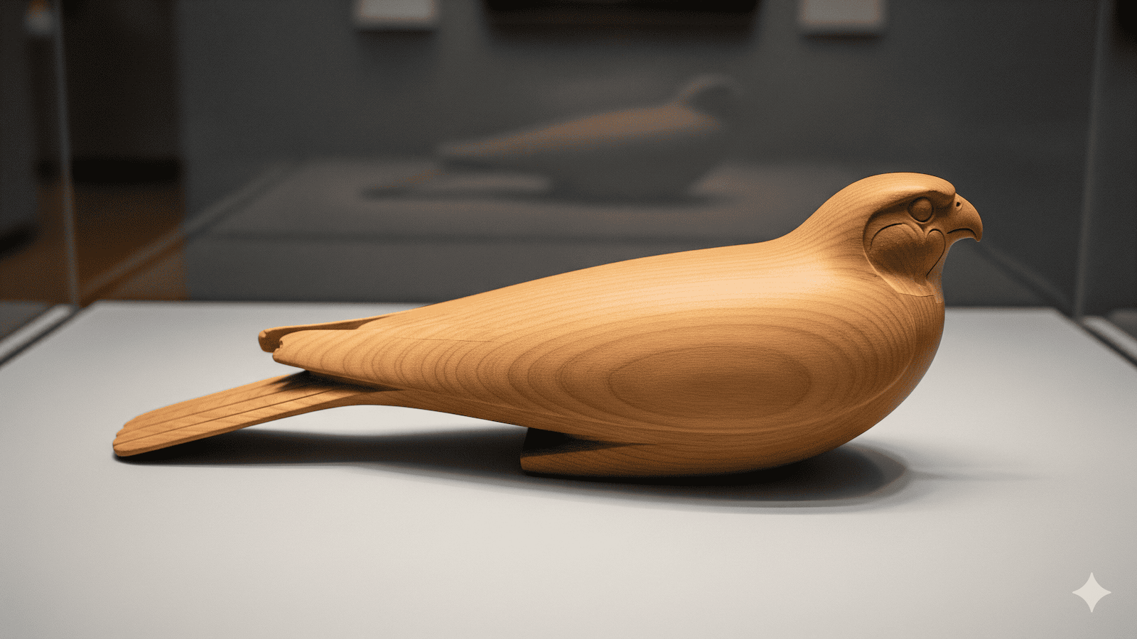 Eine glatte, hölzerne Skulptur eines Vogels mit minimalen geschnitzten Details ist in einer Glasvitrine ausgestellt, deren Spiegelbild im Hintergrund zu sehen ist. | ancient-aliens-fakten.de