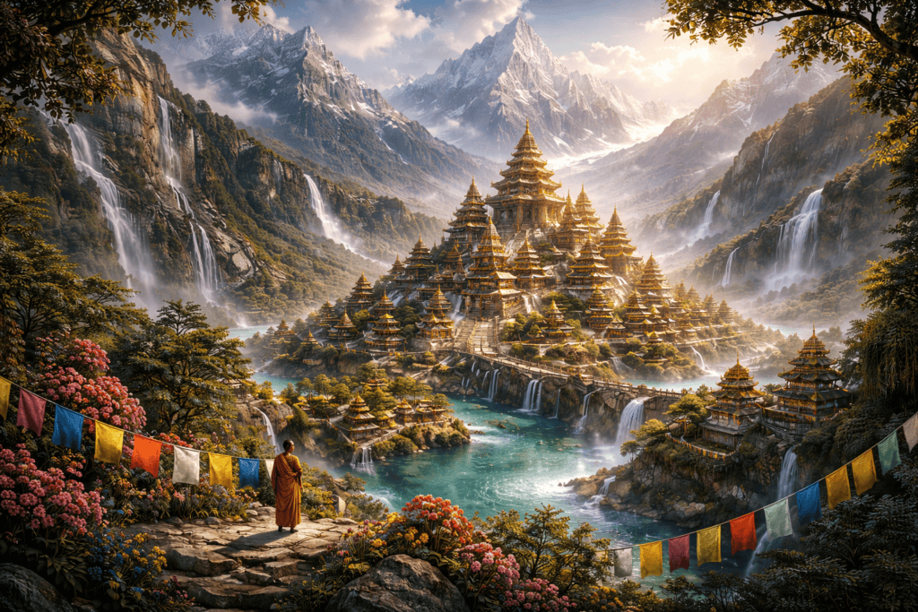 Ein Mönch steht neben bunten Gebetsfahnen und überblickt eine große Tempelanlage mit üppigem Grün und schneebedeckten Bergen, die unter einem hellen, teilweise bewölkten Himmel die mystische Aura der Shambhala-Legende ausstrahlen. | ancient-aliens-fakten.de