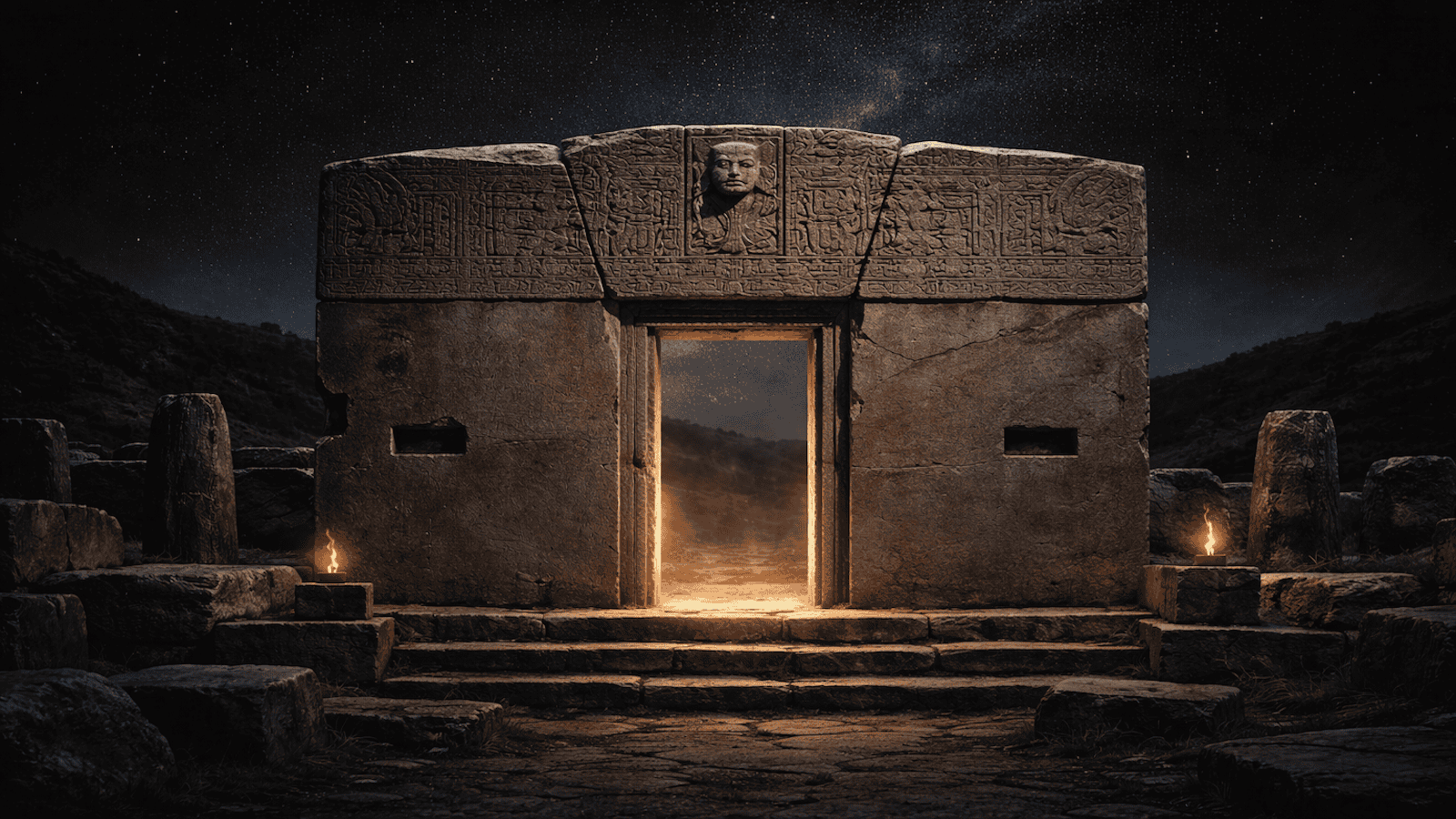 Ein uraltes Steintor mit einem geschnitzten Gesicht darüber erstrahlt in warmem Licht, umgeben von verwitterten Säulen und zwei Fackeln, vor einem sternenklaren Nachthimmel und schattigen Hügeln. | ancient-aliens-fakten.de