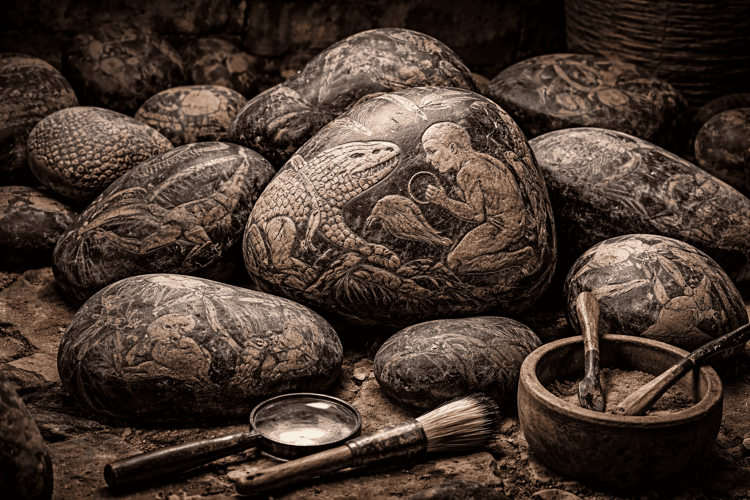 Eine Sammlung von gravierten Steinen, inspiriert von den Steinen von Ica, die prähistorische Szenen mit Menschen und Dinosauriern zeigen, umgeben von archäologischen Werkzeugen wie einer Lupe, einem Pinsel und einer Holzschale. | ancient-aliens-fakten.de
